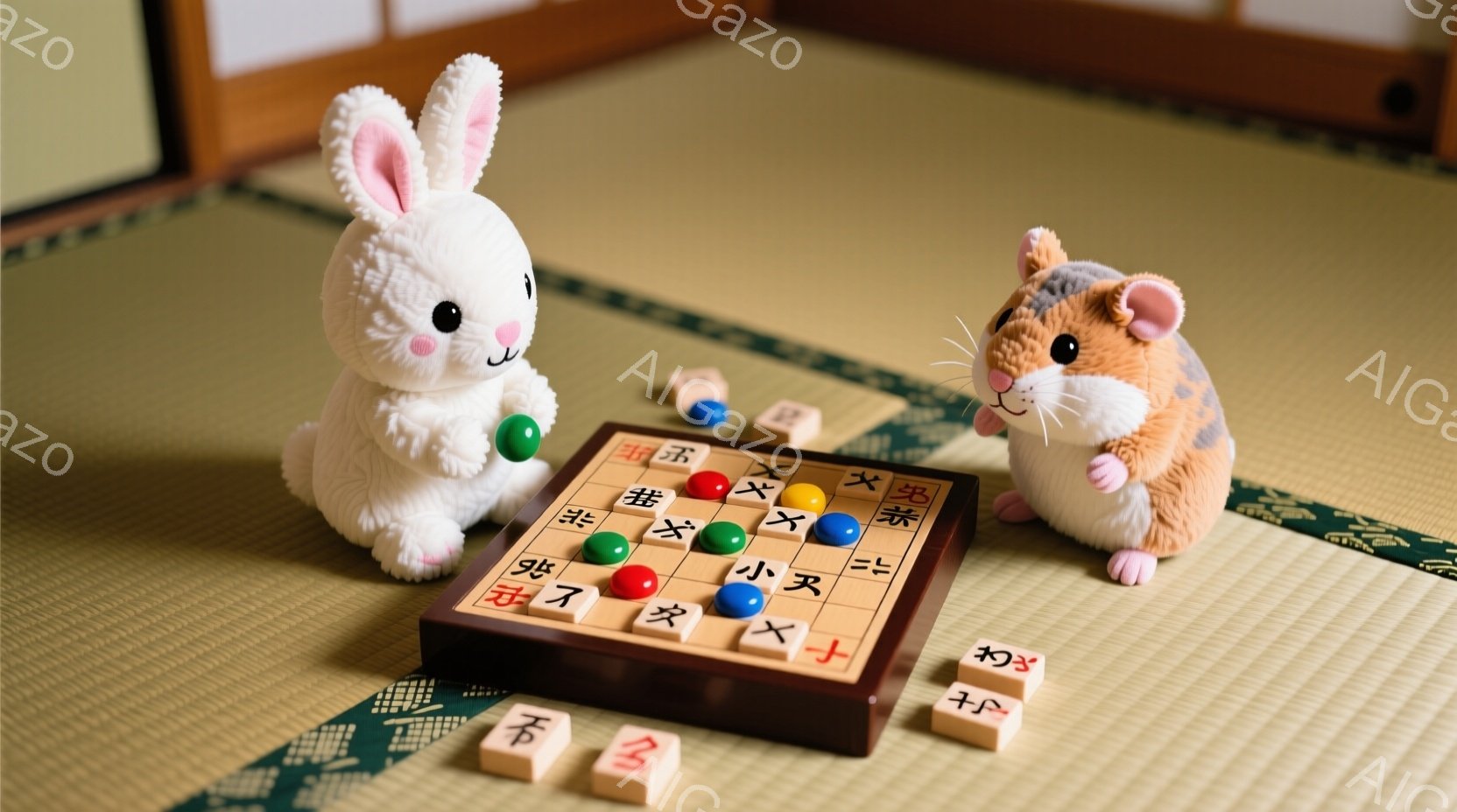 畳の上で、可愛らしいウサギとリスのぬいぐるみがお座りになっています。二つのぬいぐるみは将棋盤の前に座り、将棋の駒がいくつか並んでいます。背景は落ち着いた畳の部屋で、全体的に温かく、遊び心のある雰囲気が - AI生成フリー素材