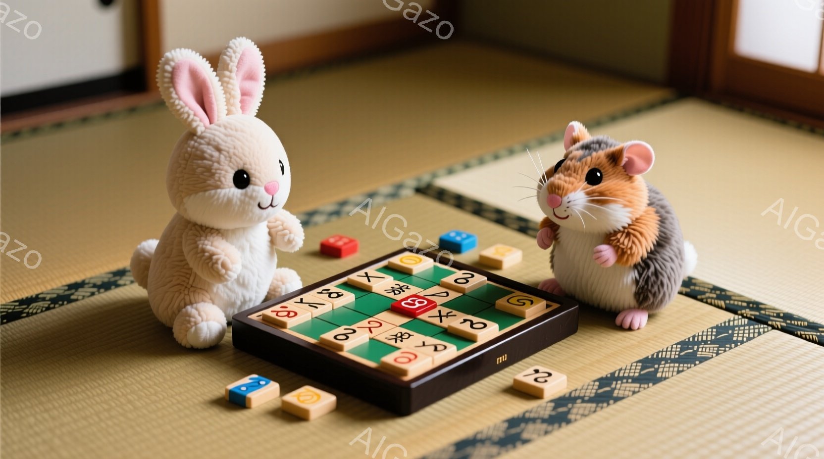 ぬいぐるみであるうさぎとハムスターが、畳の上に置かれた囲碁盤を前に向かい合っている。うさぎはピンク色の服を着ており、ハムスターは毛並みが特徴的で、どちらも真剣な表情で囲碁の対局を始める構えだ。背景にはぼやけた障子が見え、静かで落ち着いた雰囲気が漂っている。