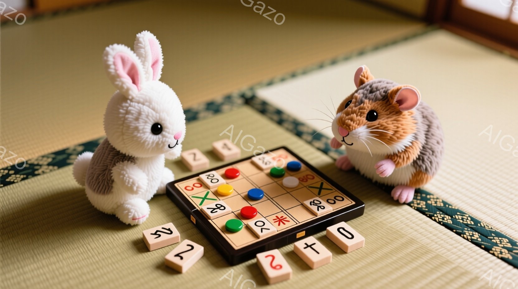 白いウサギと茶色のハムスターが畳の上に座り、盤面に赤いXと緑のOが並んだゲームをプレイしている様子が描かれています。ウサギはピンク色の服を着ており、ハムスターは何も身に着けていませんが、どちらも盤面をじっと見つめ、集中した表情をしています。背景は日本の伝統的な畳敷きの部屋で、穏やかで遊び心のある雰囲気が漂っています。