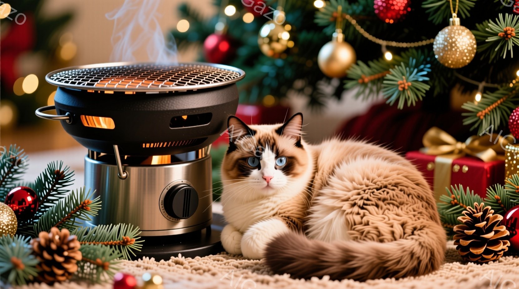 長毛の猫が、クリスマスのプレゼントや飾りがある部屋の中で、暖房器具の前に丸まって座っています。猫は薄茶色と白の毛並みで、澄んだ青い目をしており、どこか物憂げな表情を浮かべています。背景には緑のクリスマスツリーや赤いオーナメントが見え、暖炉からの煙が立ち上る様子から、温かく穏やかなクリスマスの雰囲気が伝わってきます。