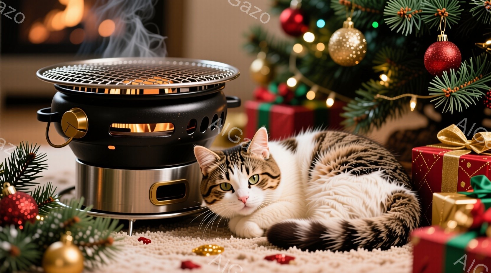 白と茶色の縞模様の猫が、クリスマスのプレゼントに囲まれた場所で、ミニチュアの炭焼きグリルに寄り添って横たわっています。猫はリラックスした表情で、穏やかな光が照らす室内は、暖かく、お祝いムードに包まれています。背景にはクリスマスツリーが飾られ、赤いオーナメントや金色の輝きが、冬の温かさを演出しています。