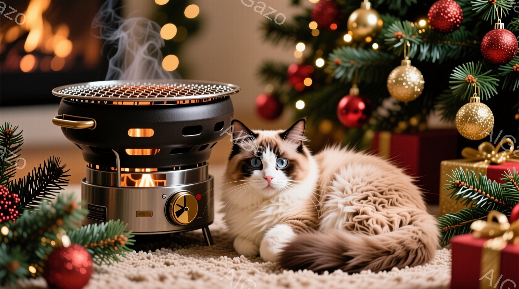 白とクリーム色の美しい猫が、小さなストーブの前に丸まって座っています。背景には、オーナメントで飾られたクリスマスツリーと、リボンで結ばれたプレゼント箱が置かれており、温かく華やかな雰囲気を醸し出しています。暖炉の煙が立ち上り、冬の穏やかな暖かさを感じさせます。