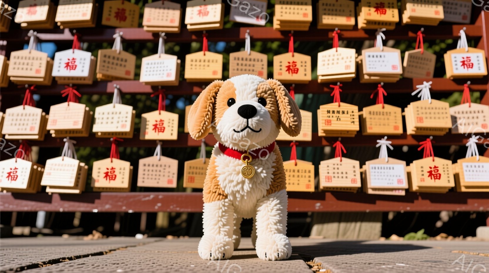柔らかい茶色の毛並みを持つ猿のおもちゃが、お祝いの装飾の上に座っています。猿は小さな袋に入ったお菓子を片手に持ち、嬉しそうな表情をしています。背景には緑色の壁があり、お祝いの雰囲気を醸し出しています。