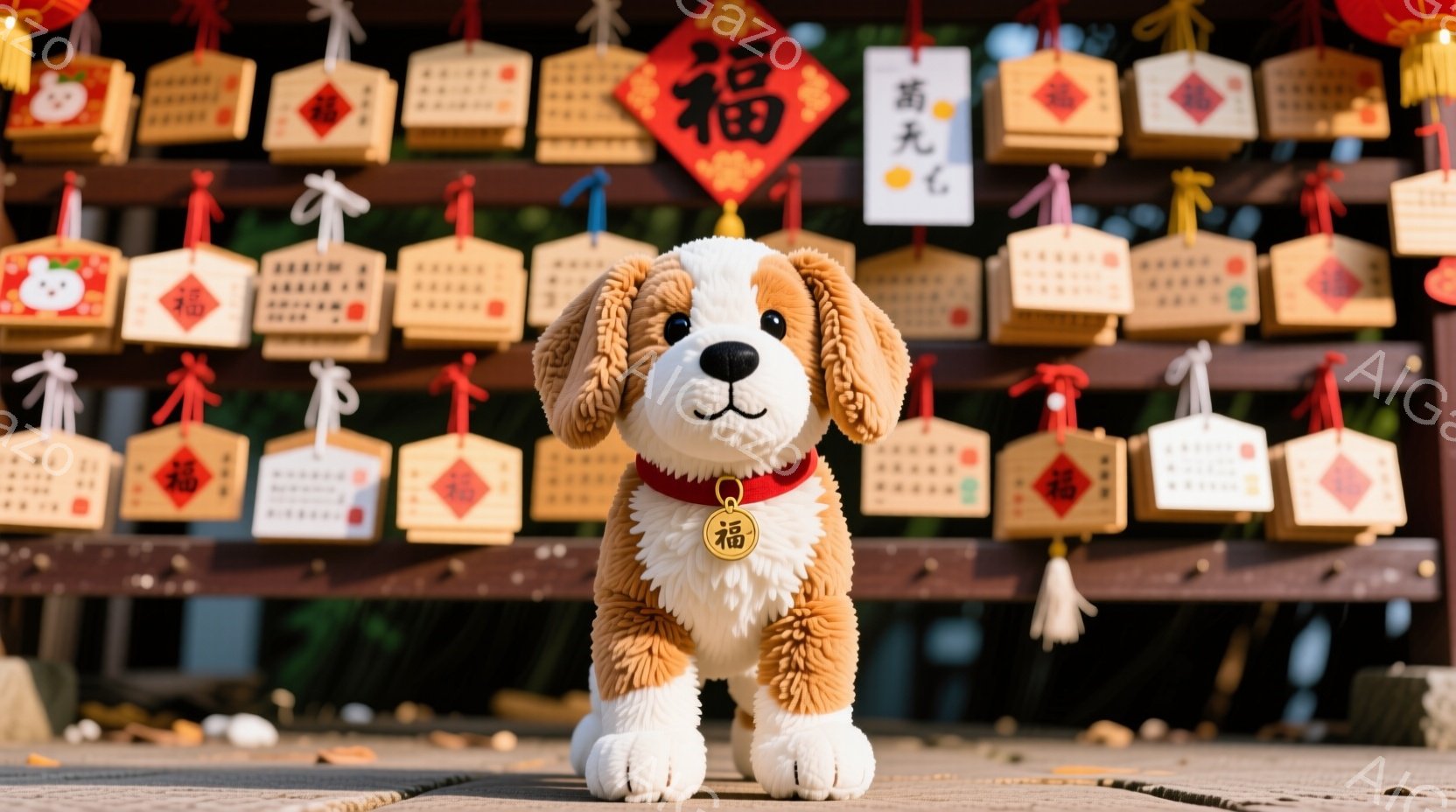 茶色と白の毛並みのぬいぐるみ犬が写っています。犬は首輪をつけており、正面を見て穏やかな表情をしています。背景には、赤い文字が書かれた多数の木製のお守りが並び、神社や寺院の境内のような場所で撮影された写真であるとわかります。