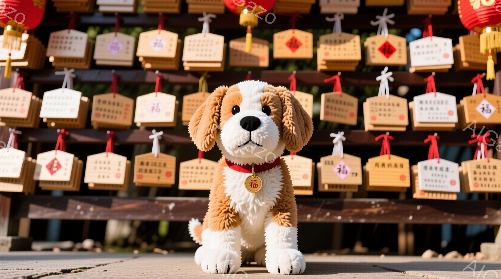 可愛らしい子犬のぬいぐるみは、明るい日差しの下、神社の境内に置かれています。首には赤い首輪が巻かれ、その中央には「福」という文字が書かれています。背景には、たくさんの絵馬が並び、木々の緑と空の青が、温かく穏やかな雰囲気を醸し出しています。