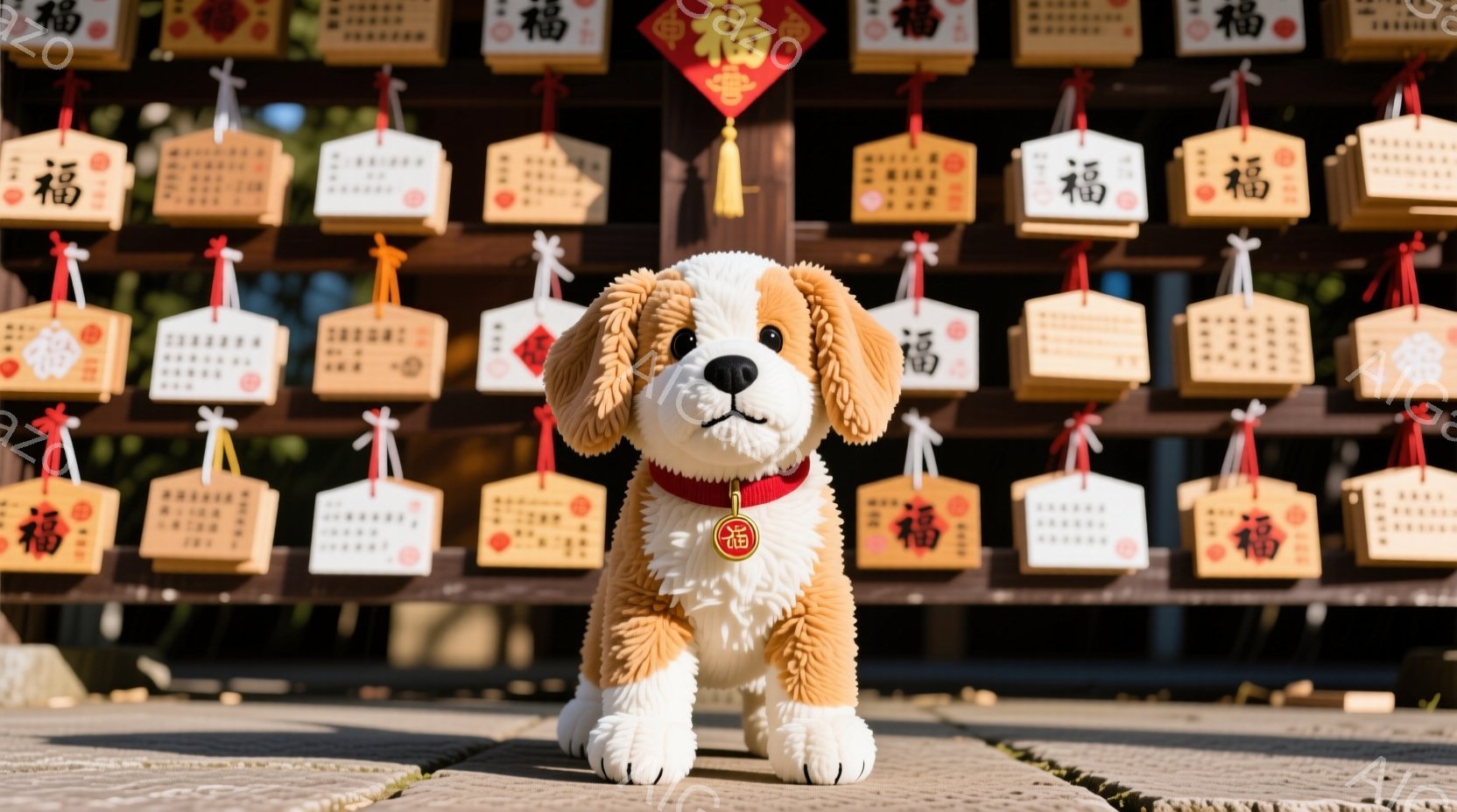ふわふわの茶色と白の犬のぬいぐるみは、赤い首輪をつけて正面を見つめて立っています。背景には、多数の木製の絵馬が並び、赤い紐で結ばれています。全体的に暖かく、穏やかな雰囲気で、神社や寺院の前にいる様子が伺えます。