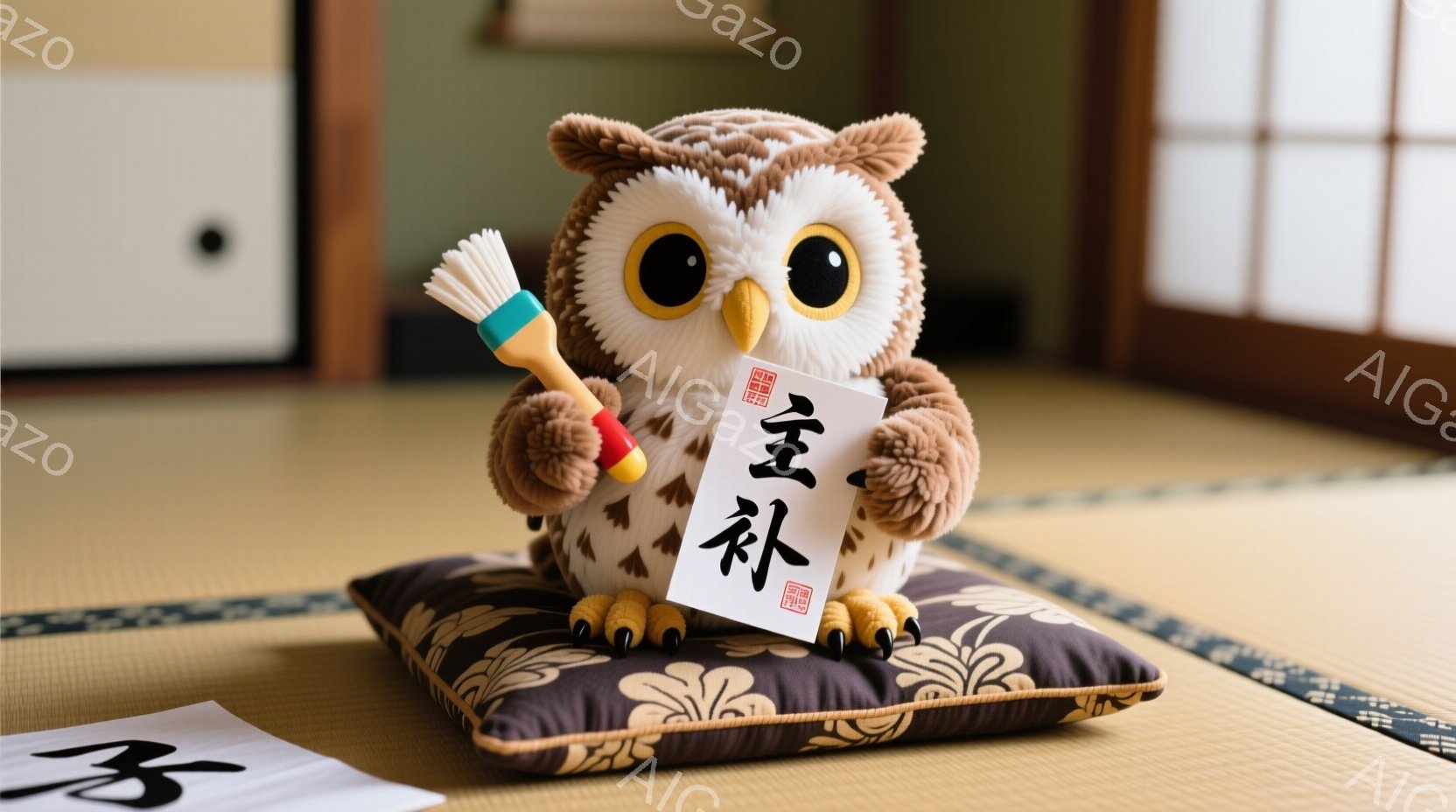 ふわふわの茶色のフクロウのぬいぐるみは、紫色の座布団の上に座っています。片方の足には筆を持っており、もう片方の足には「書」と書かれた紙を持っています。背景には畳があり、日本の伝統的な雰囲気が漂っていま - AI生成フリー素材
