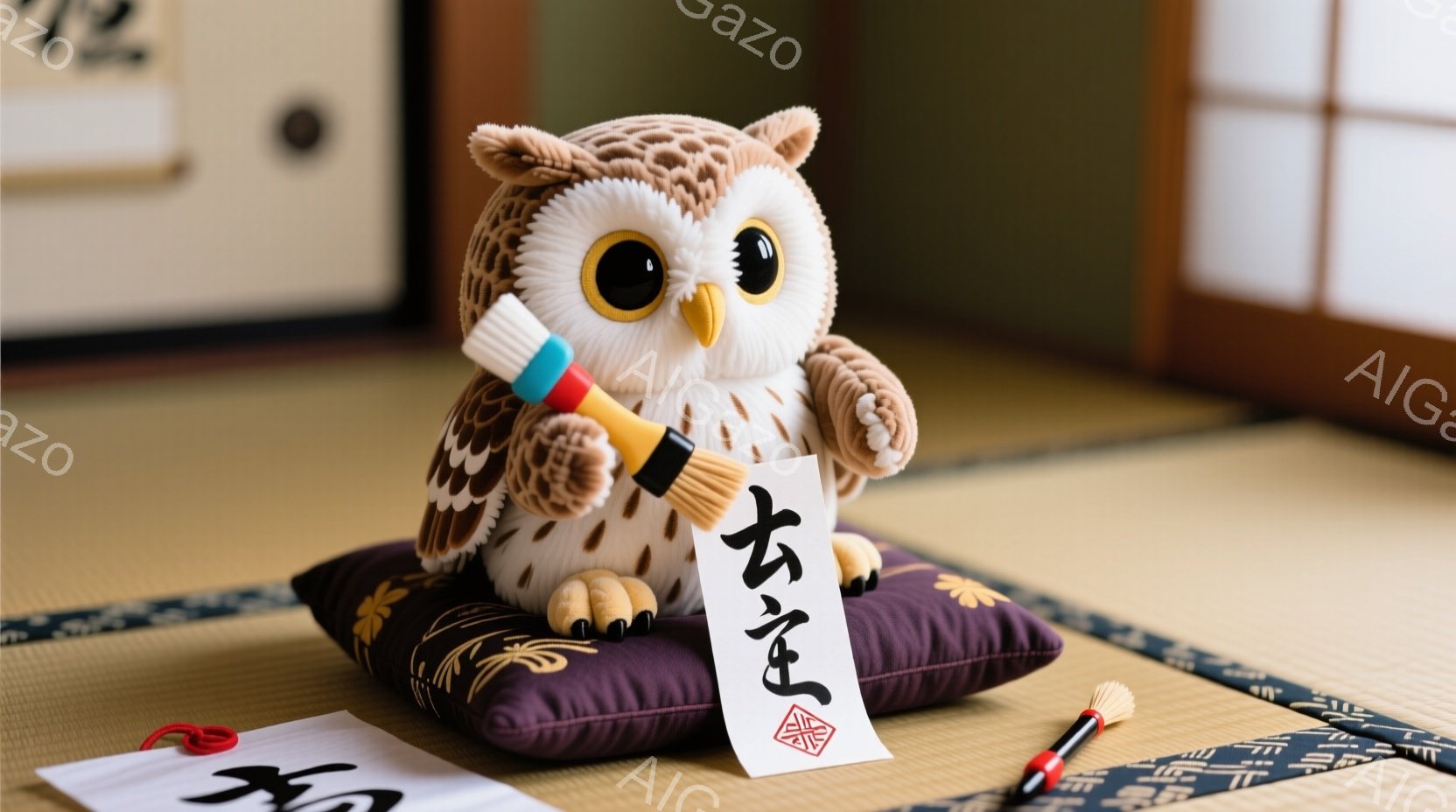 畳の上に、フクロウのぬいぐるみが座っています。紫色のクッションの上に座り、片手に筆と巻物を握っています。巻物には「友」という文字が書かれており、背景には日本の書道道具が置かれ、穏やかで文化的な雰囲気を - AI生成フリー素材
