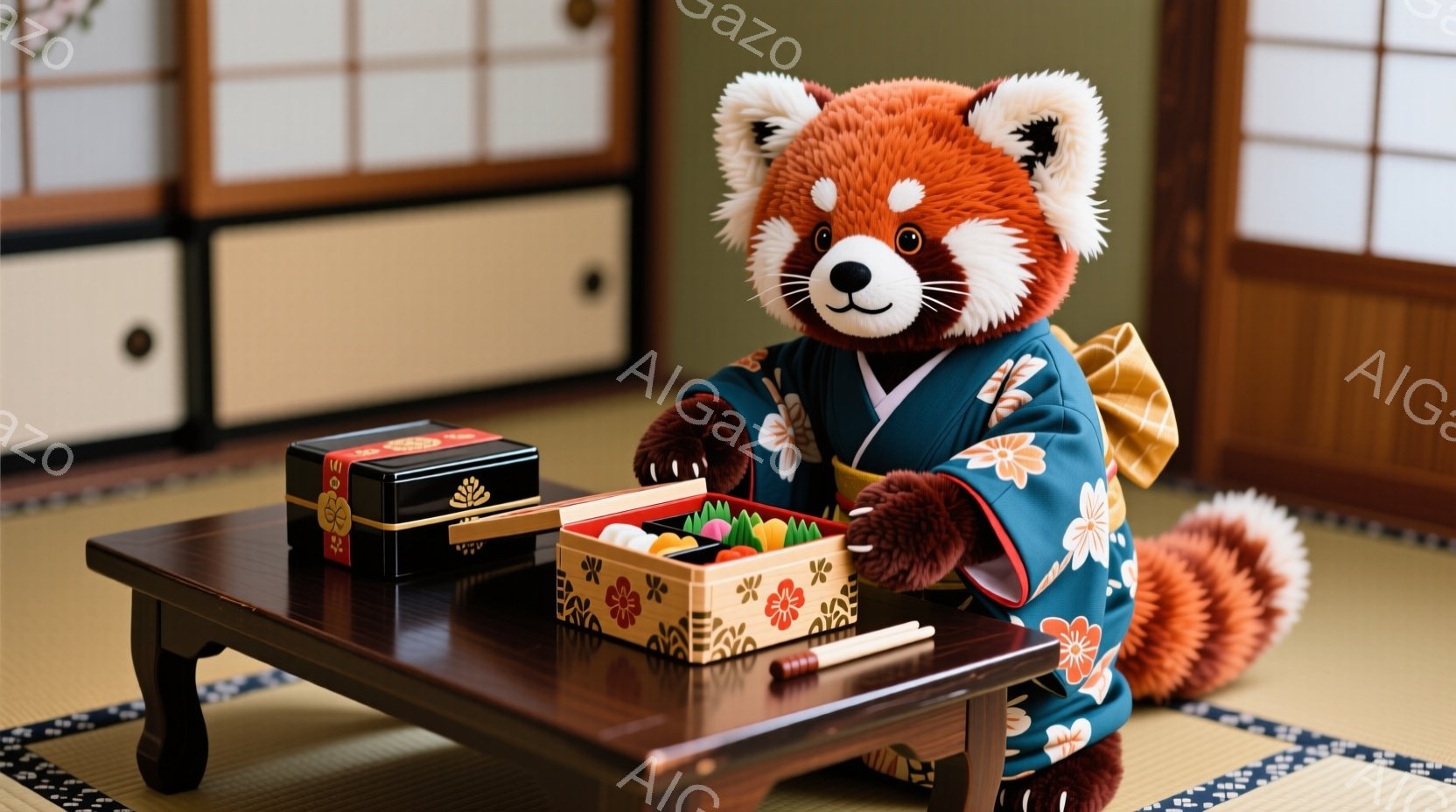 赤いパンダのぬいぐるみは、緑色の花柄の着物を着て、畳の上に置かれた低い木製のテーブルの前に座っています。テーブルの上には、お菓子が入った美しい漆塗りの箱がいくつか置かれており、お菓子はカラフルで魅力的です。背景には、伝統的な障子戸があり、静かで和やかな雰囲気を醸し出しています。