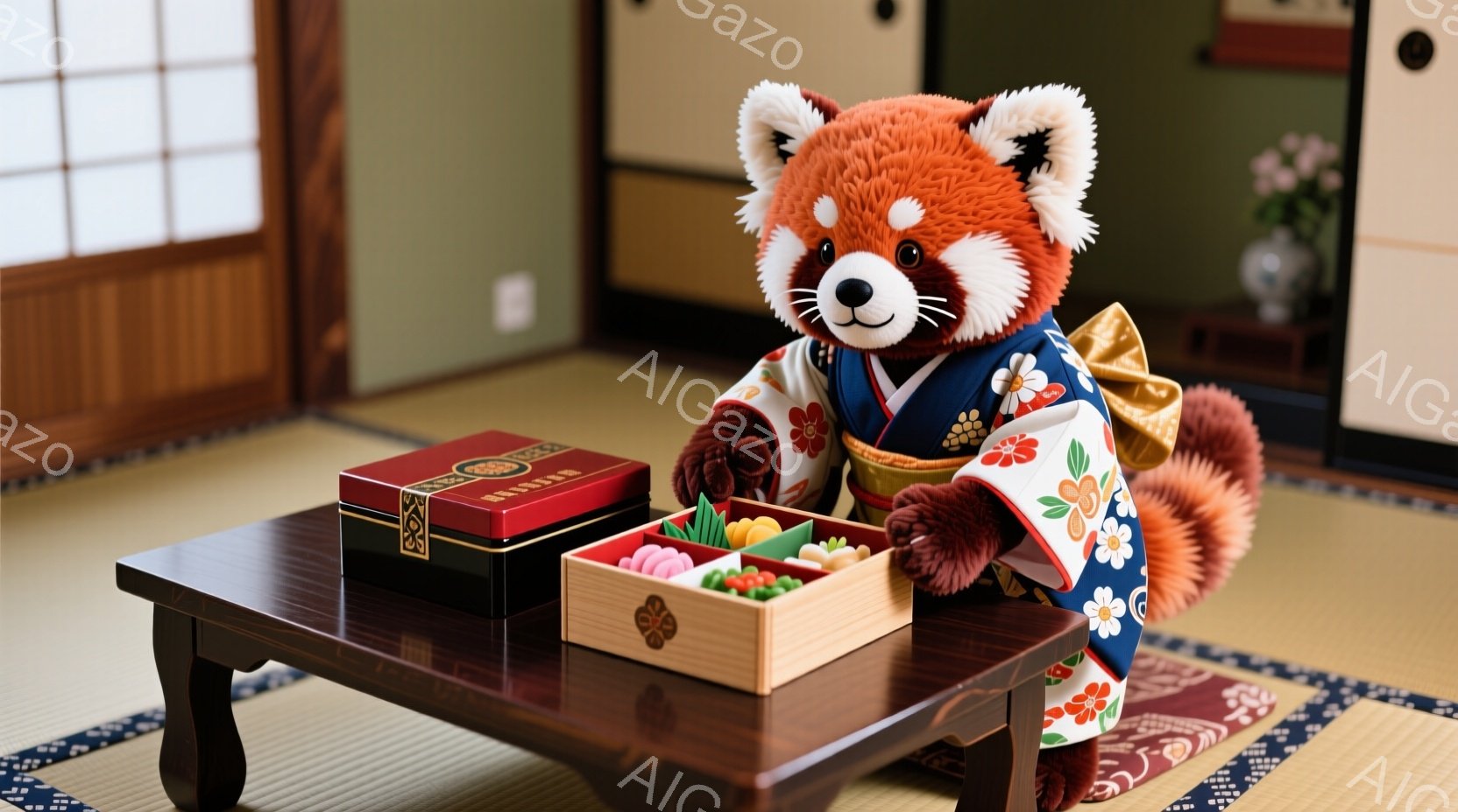 赤いパンダの人形が、日本の伝統的な衣装である着物を着ています。着物は藍色を基調とし、白とピンクの花柄が描かれており、金色の帯が締めてあります。人形は畳の上に置かれた低い木製のテーブルの前に座り、お菓子が入った二つの箱を見つめています。