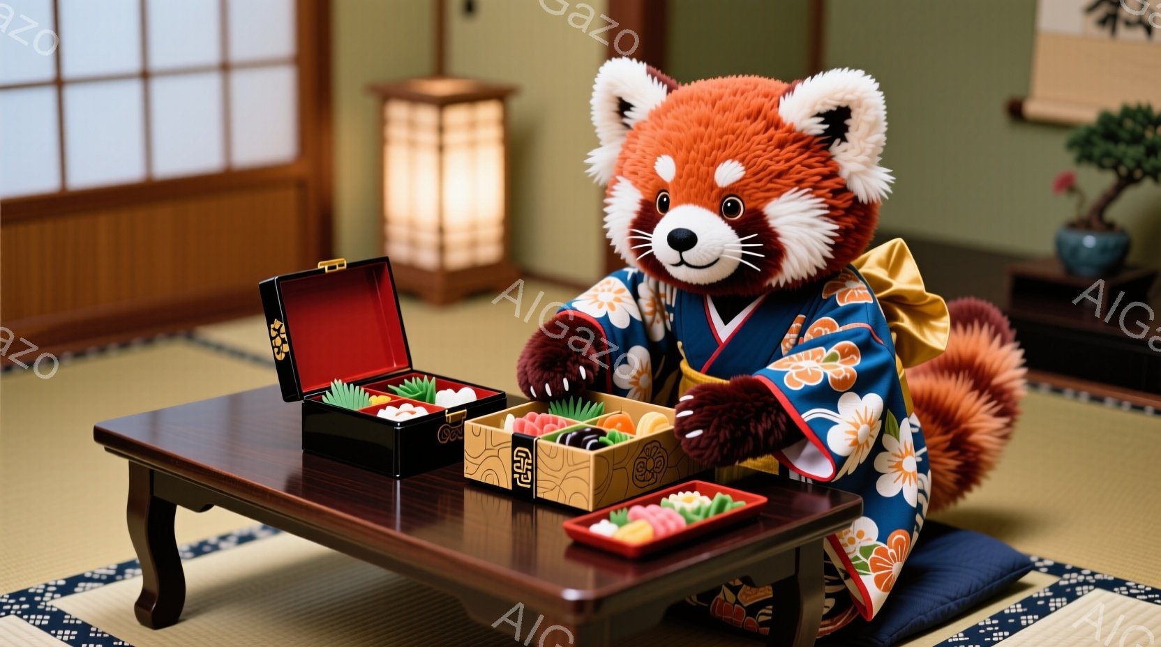 ぬいぐるみの犬と猫が、日本の伝統的な衣装を着て並んでいます。犬は藍色の着物で、猫はオレンジ色の着物で、どちらも可愛らしい花柄が施されています。背景には畳の部屋と小さな神社があり、穏やかで温かい雰囲気を - AI生成フリー素材
