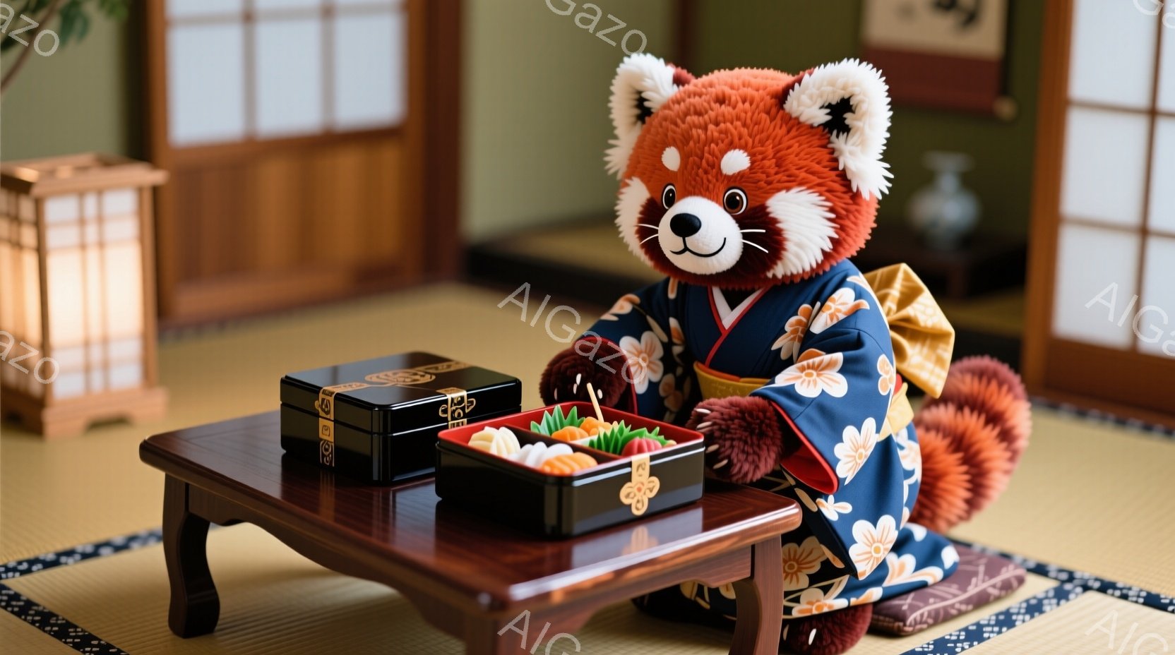 赤いパンダのぬいぐるみが、紺色の花柄の着物を着て、低い木製のテーブルの前に正座している。テーブルの上には、蓋の開いた漆塗りの弁当箱があり、中に色とりどりの料理が盛り付けられている。畳敷きの部屋で、障子と掛け軸が背景に見え、落ち着いた和の雰囲気が漂っている。