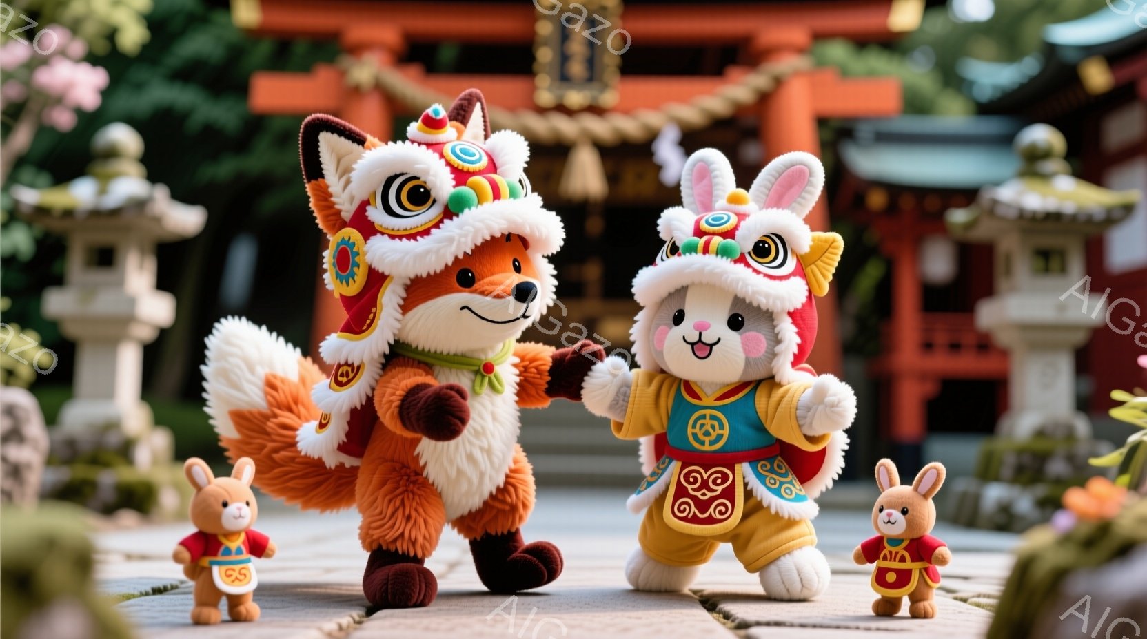 明るい日差しの中で、狐とウサギのぬいぐるみたちが日本の神社でポーズをとっています。彼らはそれぞれ伝統的な日本の衣装を着ており、狐はオレンジ色の着物、ウサギは黄色い着物を身につけています。背景には、緑豊かな木々と赤い鳥居が見え、お祭りや神聖な雰囲気が漂います。
