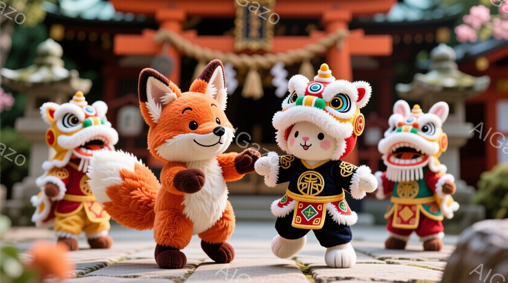 明るい日差しの中で、可愛らしい動物のぬいぐるみが日本の伝統的な建物前に並んでいます。オレンジ色の狐のぬいぐるみは左側に立ち、青い衣装を着たウサギのぬいぐるみは中央で両手を広げています。背景には赤い鳥居 - AI生成フリー素材