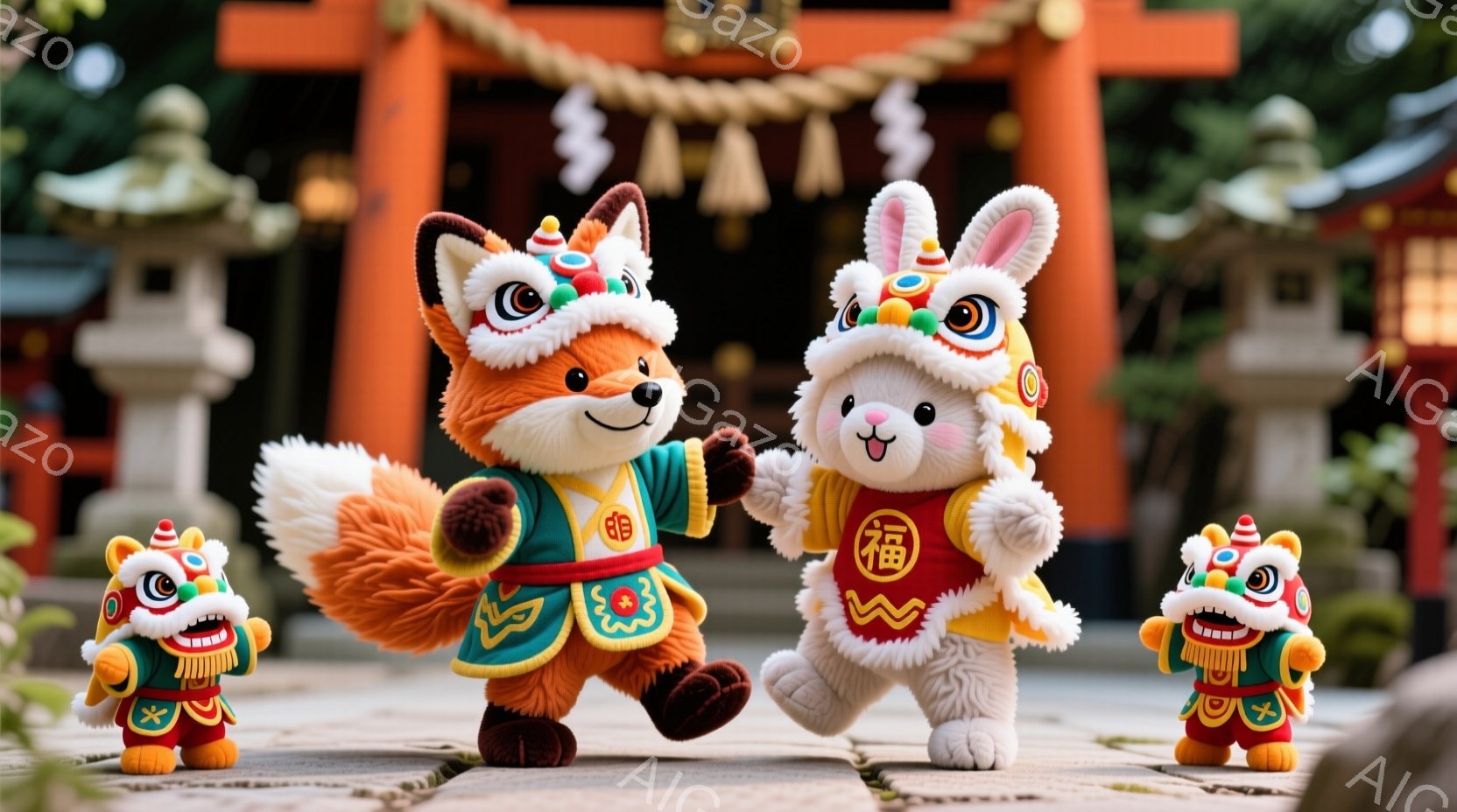 明るい日に、狐とウサギのぬいぐるみ二体が、獅子舞のぬいぐるみの両脇に立っています。二体とも日本の伝統的な衣装を着ており、狐は赤い帯締めと黒い髪飾りをつけ、ウサギは赤い模様の入った白い衣装を着ています。背景には赤い鳥居と緑豊かな木々が見え、お祭りや縁日のような、明るく楽しい雰囲気を醸し出しています。