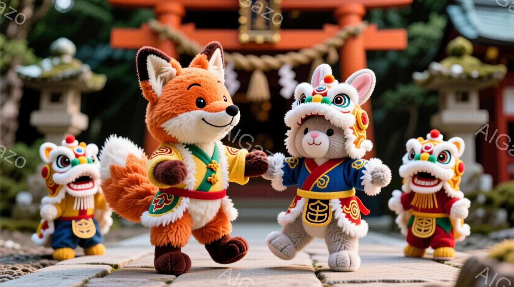 明るい日差しの下、狐とウサギのぬいぐるみたちが手をつないで歩いている様子が写っている。彼らはそれぞれ日本の伝統的な衣装を着ており、狐はオレンジ色の着物、ウサギは青い和服を着ている。背景には、石畳の道と提灯、そして朱色の美しい建物が見え、お祭りや縁日の賑やかな雰囲気が感じられる。