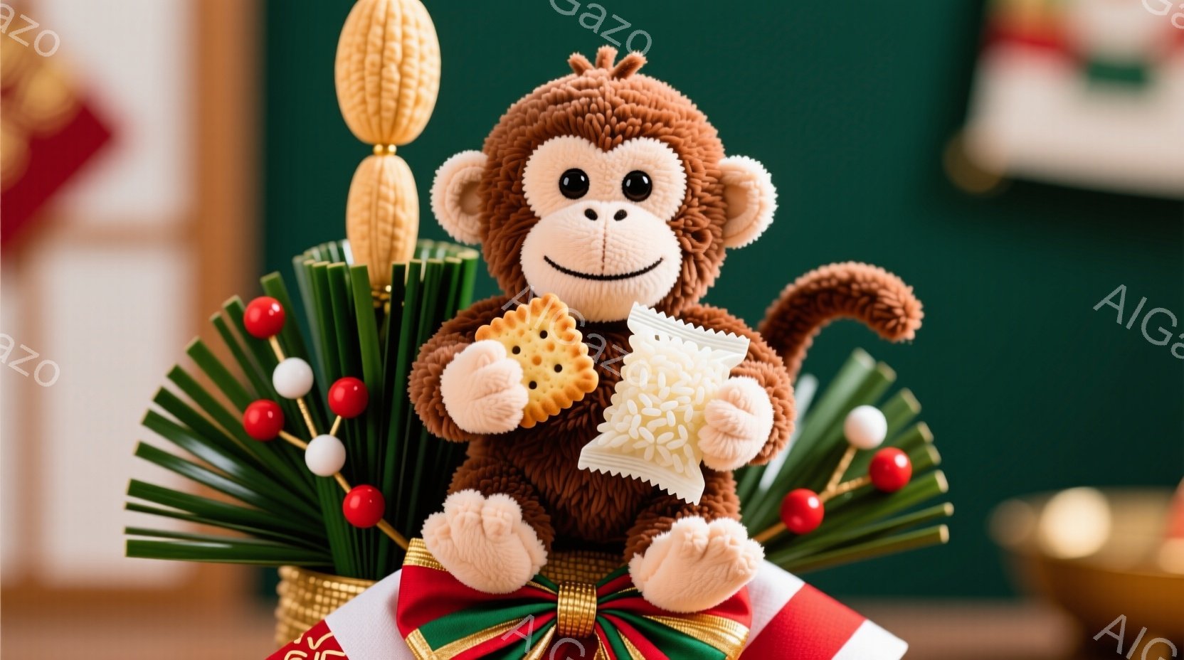 暖色系のモコモコした猿のおもちゃが、お正月飾りの上に座っています。猿は白い包装紙に包まれたお菓子を片手に持ち、楽しそうな表情をしています。背景には緑色の壁や金色の装飾が見え、全体的に新年の祝賀ムードを醸し出しています。