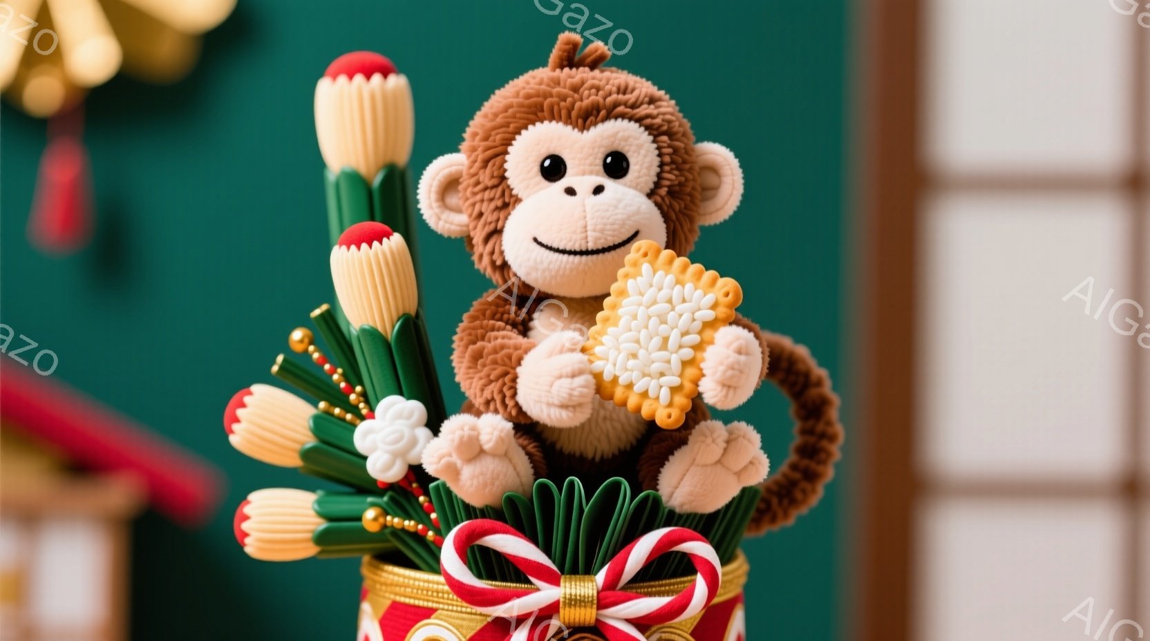 明るい緑色の背景に、可愛らしいおもちゃの猿が飾られています。猿は茶色い毛並みで、片手に金色のクッキーを持って微笑んでいます。背景には、カラフルな縁起の良い飾りや和風の模様が見え、お祝いの雰囲気が漂っています。