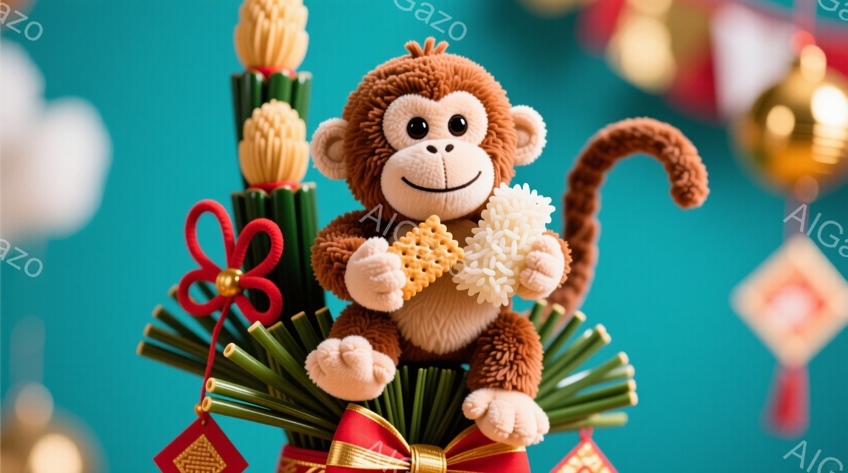 柔らかい茶色の毛並みの猿のおもちゃが、お正月の飾りである門松の上に座っています。猿は両手に白いお餅のようなものを握り、嬉しそうな表情でこちらを見ています。背景には、赤い飾りや金色のオーナメントがぼやけて見え、お正月らしい華やかな雰囲気が漂っています。