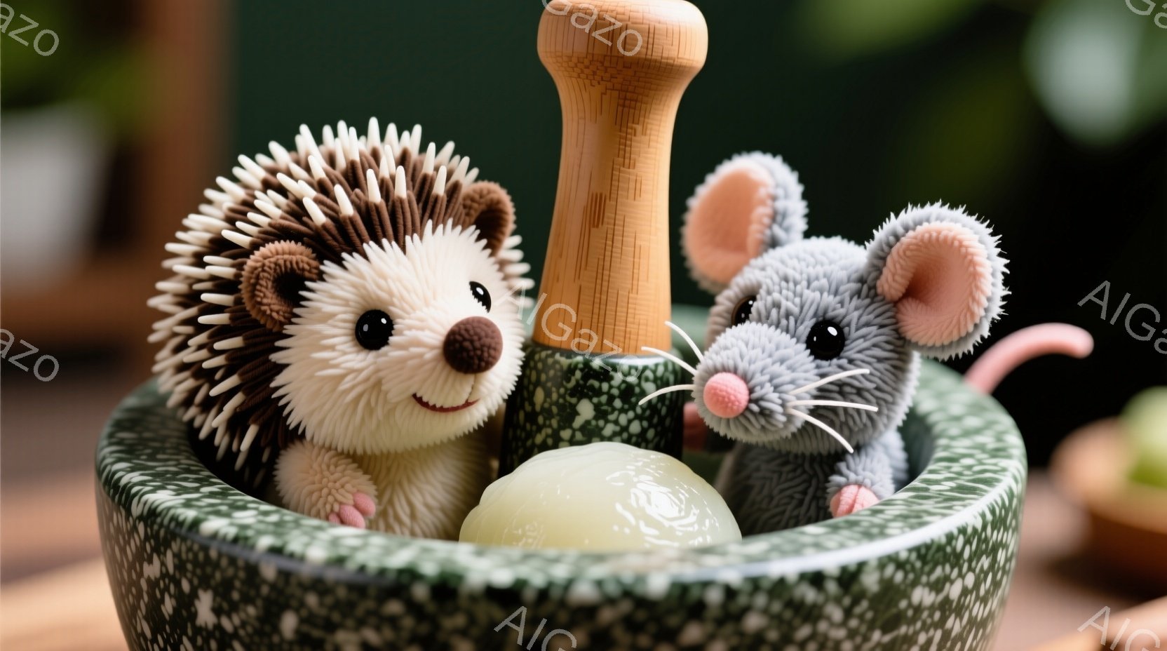 灰色の石臼の中に、ハリネズミとネズミの人形が一緒に座っています。ハリネズミはピンク色の小さな服を着ており、ネズミはふわふわの灰色の毛並みで、可愛らしい表情をしています。背景には、緑色の植物や他の道具が見え、全体的に温かく、愛らしい雰囲気が漂っています。