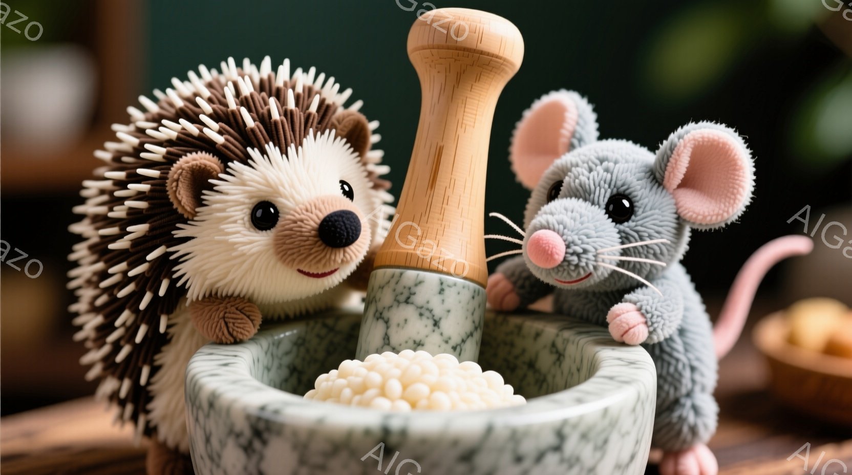 灰色の石臼と乳鉢と、そのそばにいるハリネズミとネズミが写っています。ハリネズミは茶色と白の縞模様で、乳鉢の縁に寄りかかっているように見え、ネズミは粉末状のものが入った乳鉢を覗き込んでいる様子です。背景には木製のテーブルがあり、全体的に暖かく可愛らしい雰囲気が漂っています。