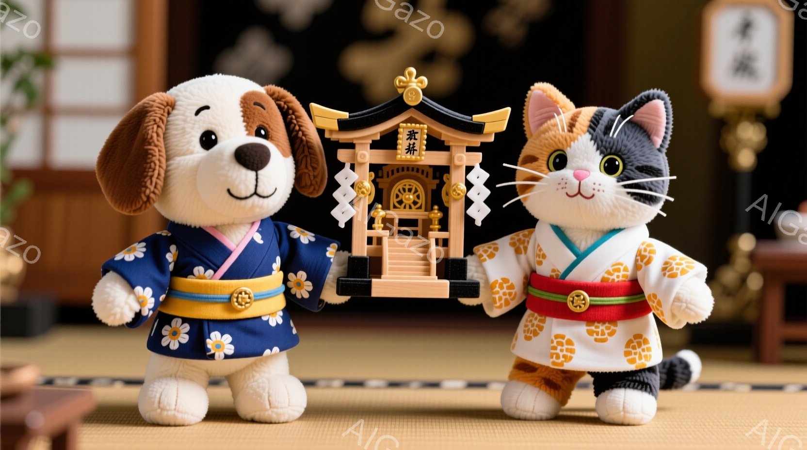 ぬいぐるみ犬と猫が、日本の伝統的な祭りの背景の前で並んで立っています。犬は青地に白い花柄の着物を着ており、猫はオレンジと白の模様が入った着物を着ています。背景には畳の床と、小さな神社のような建物があり - AI生成フリー素材
