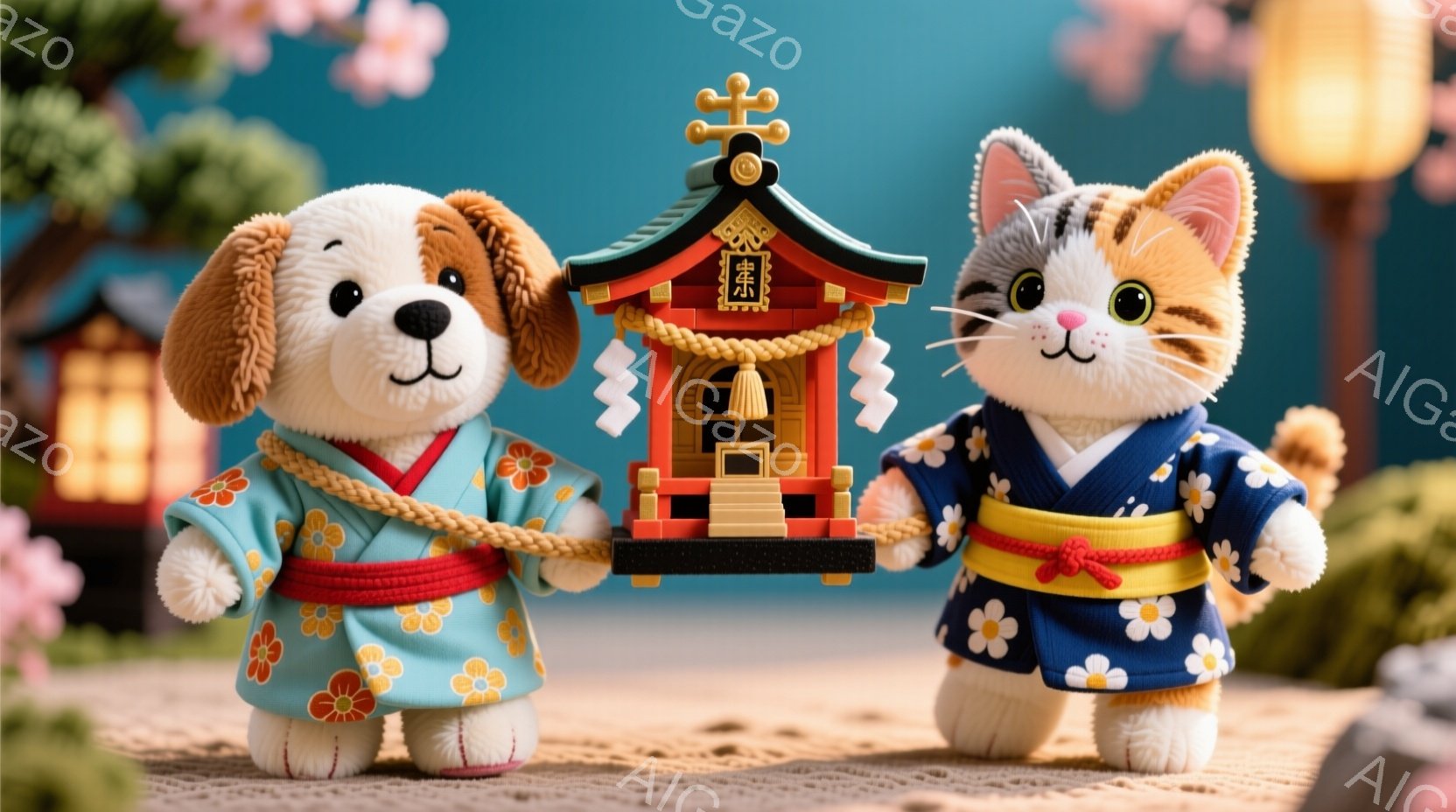ぬいぐるみ犬と猫が、鮮やかな藍色の浴衣を着て、赤い小さな神社をロープで引っ張っています。背景には、ピンクの桜の花びらが舞い、緑の植物とぼんやりとした寺院が見えます。全体的に、春の祭りを思わせる、温かく、お祝いの雰囲気です。