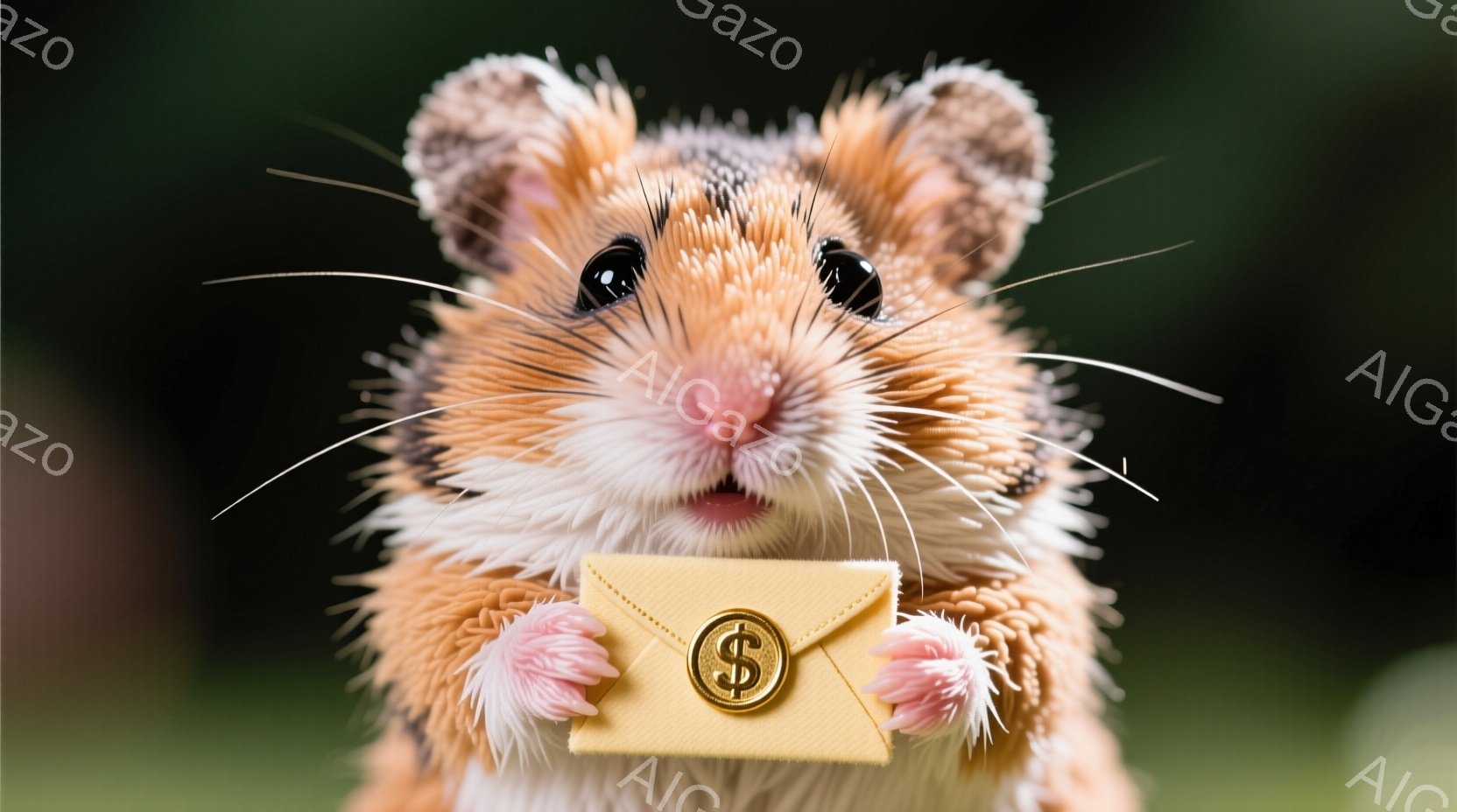 ハムスターが正面を見つめ、両手で黄色い封筒を握っています。封筒にはドルマークが描かれており、ハムスターは少し緊張したような、真剣な表情をしています。背景は緑色の自然で、浅い奥行きがあり、ハムスターに焦点が当たっています。
