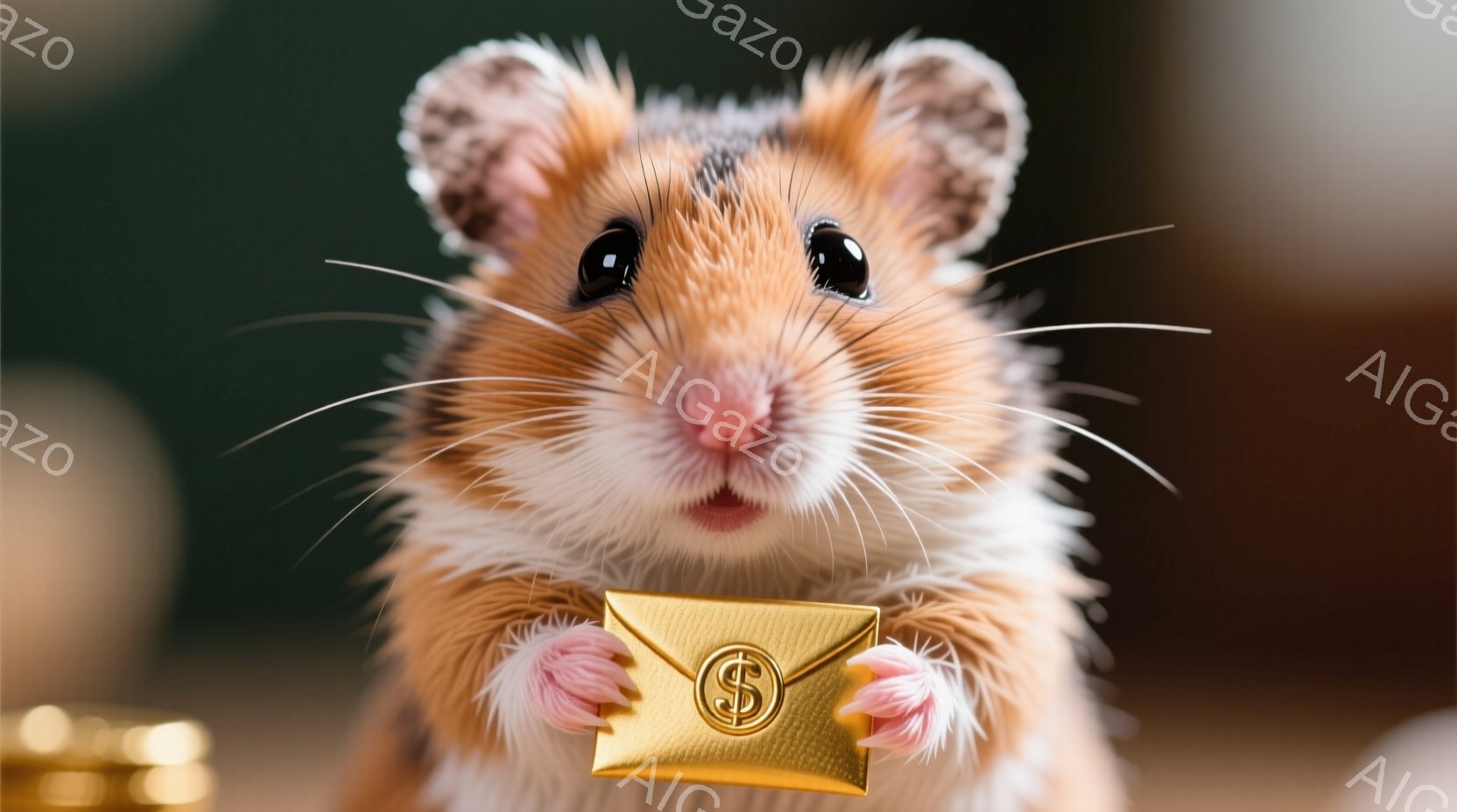 ハムスターが正面を見つめ、小さな金色の封筒を両手で持っています。毛並みは明るい茶色と白で、ふっくらとした頬とつぶらな瞳が可愛らしい表情を作り出しています。背景にはぼやけた金色のオブジェクトがあり、全体的に暖かく、愛らしい雰囲気が漂っています。
