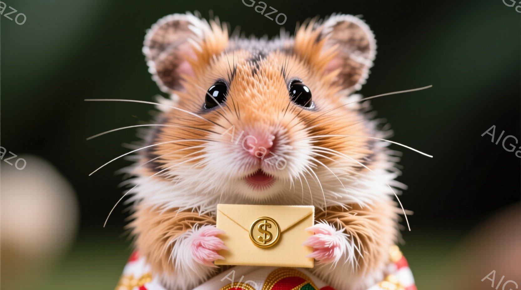 小さなハムスターが、金色の封筒を両手で大事そうに持っています。毛並みは茶色と白で、つぶらな瞳とピンク色の鼻が可愛らしいです。背景はぼやけており、緑色が見えることから自然の中であると思われます。