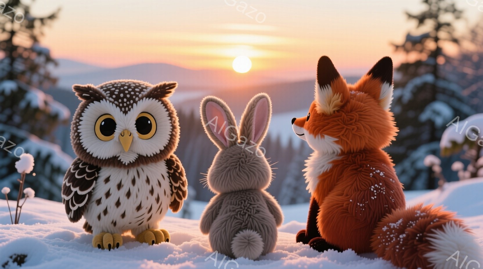 雪景色の中に、フクロウ、ウサギ、キツネが寄り添って立っている。フクロウは丸い目をしていて、ウサギは背中を丸め、キツネは少し顔を上げている様子から、彼らが一緒に夕焼けの美しい景色を眺めている様子がうかが - AI生成フリー素材