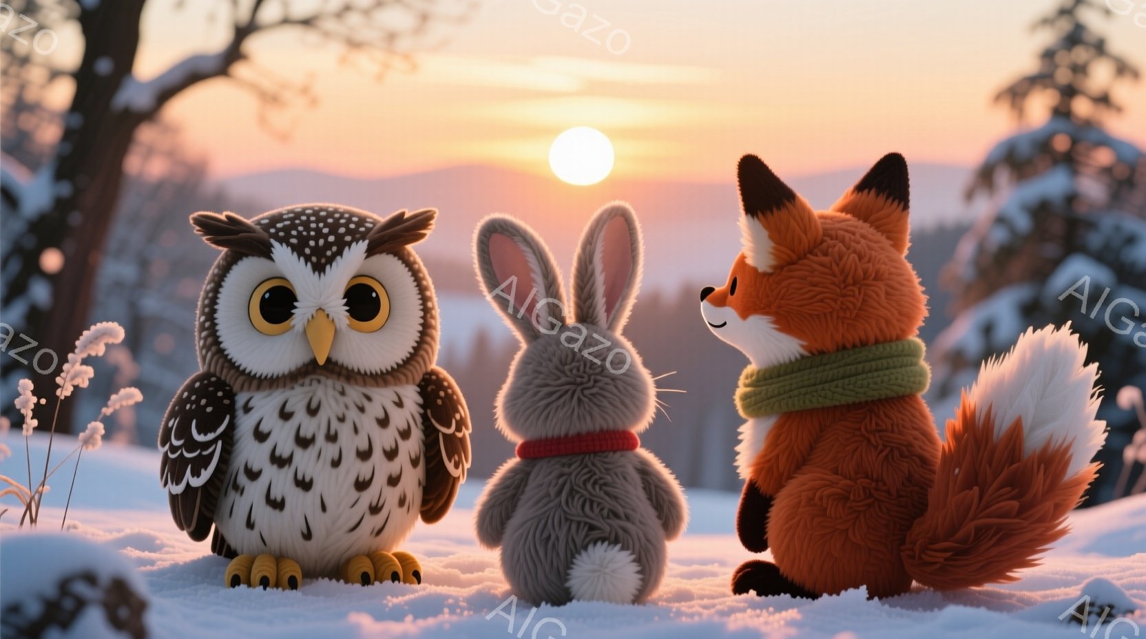 雪景色の中にフクロウ、ウサギ、キツネが寄り添って立っています。フクロウは丸い目で見つめ、ウサギは赤いセーターを着て後ろを向き、キツネは緑色のマフラーを巻き、ふさふさの尻尾を立てています。背景には雪をま - AI生成フリー素材