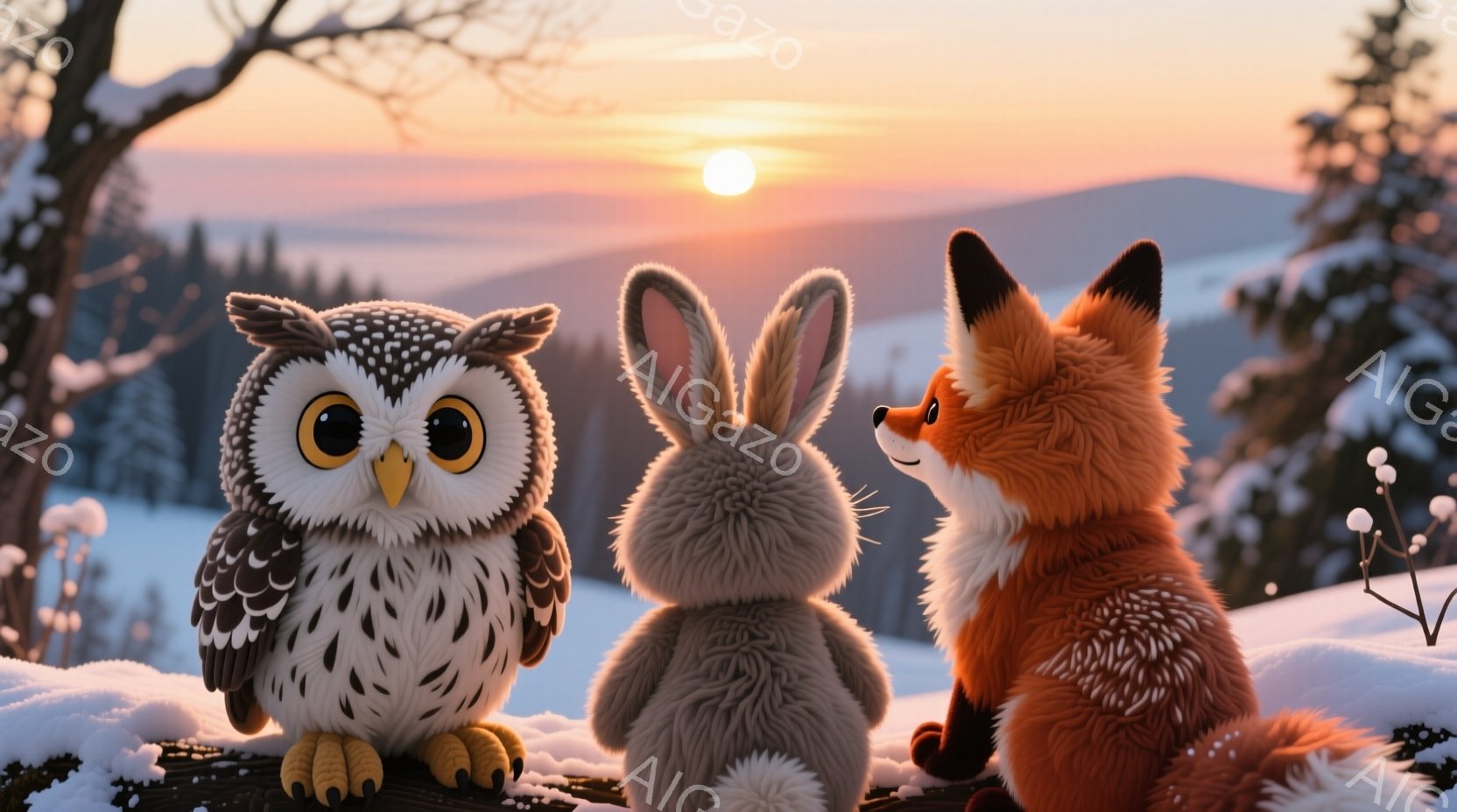 雪景色の中に、フクロウ、ウサギ、キツネが並んで座っています。フクロウは丸い目で見つめ、ウサギは後ろ姿、キツネは何かを見つめているようです。背景には、夕焼けに照らされた雪の山々と木々が広がり、穏やかで幻 - AI生成フリー素材