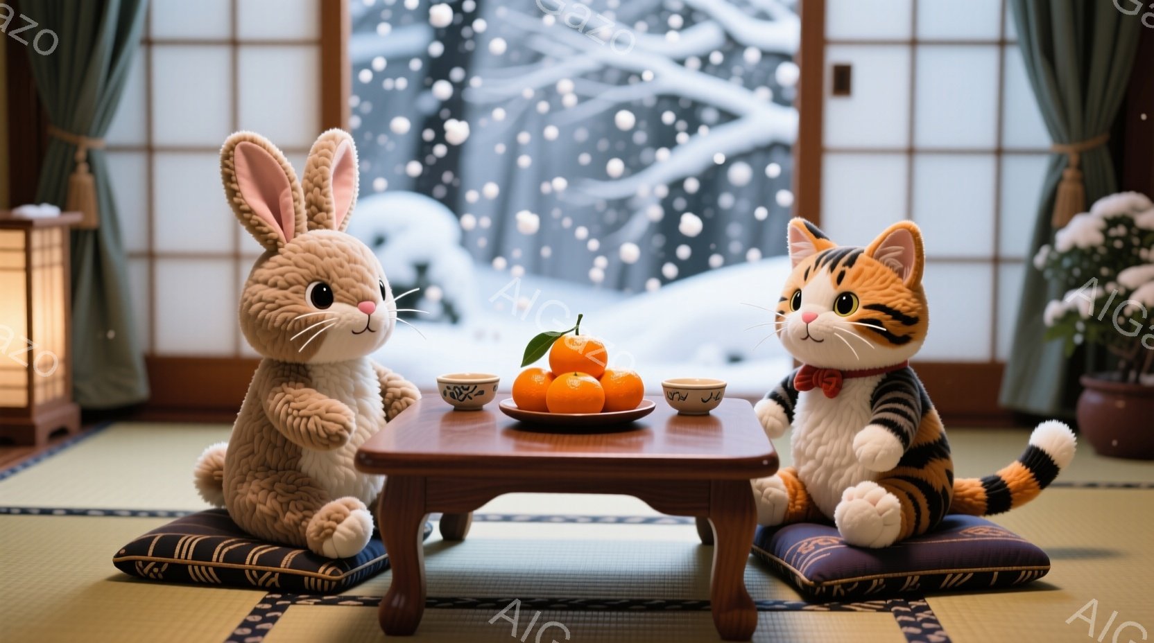 畳の上に座ったふわふわのウサギとトラ柄の猫が、低い木製のテーブルを挟んで向かい合っています。テーブルの上にはみかんが盛られ、その両脇に小さな白いお茶碗が置かれています。背景には雪景色が広がり、落ち着いた暖かく、可愛らしい雰囲気が漂っています。