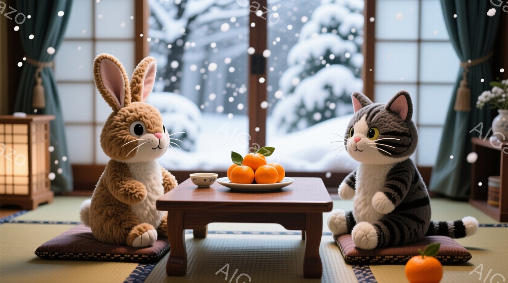 ぬいぐるみのような茶色のウサギとグレーの猫が、畳の上に座って低い木製のテーブルを挟んで向かい合っています。テーブルの上には、白い小さな湯呑みと数個のみかんが置かれており、背景には雪景色が広がる窓が見えます。全体的に温かく、穏やかな冬の日の雰囲気が漂っています。