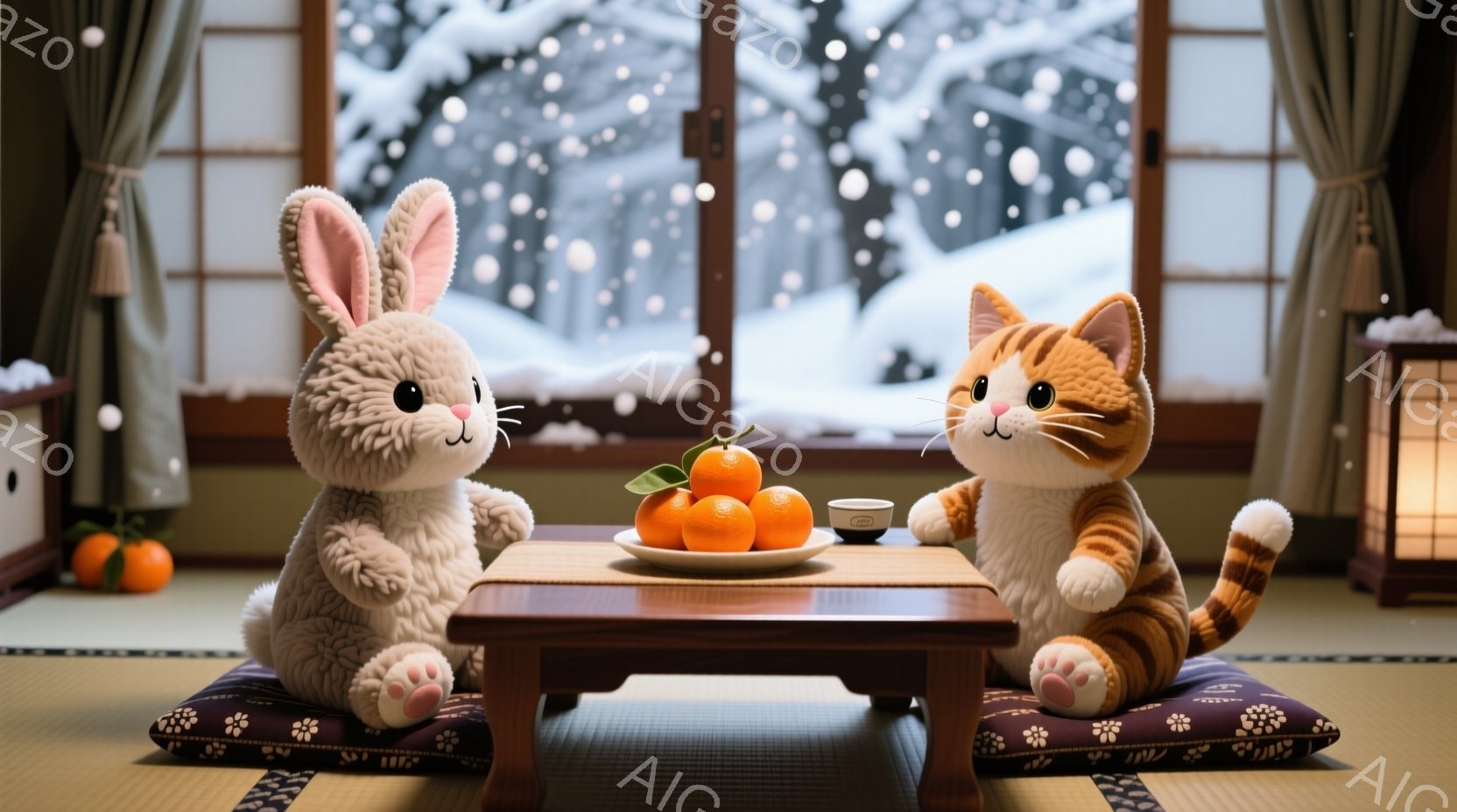白いウサギと茶色のトラ猫が、低いちゃぶ台を挟んで向かい合って座っています。ウサギと猫はどちらもクッションの上に座り、テーブルの上にはみかんと湯呑みが置かれています。背景には雪景色が見え、畳の部屋には暖かく穏やかな雰囲気が漂っています。