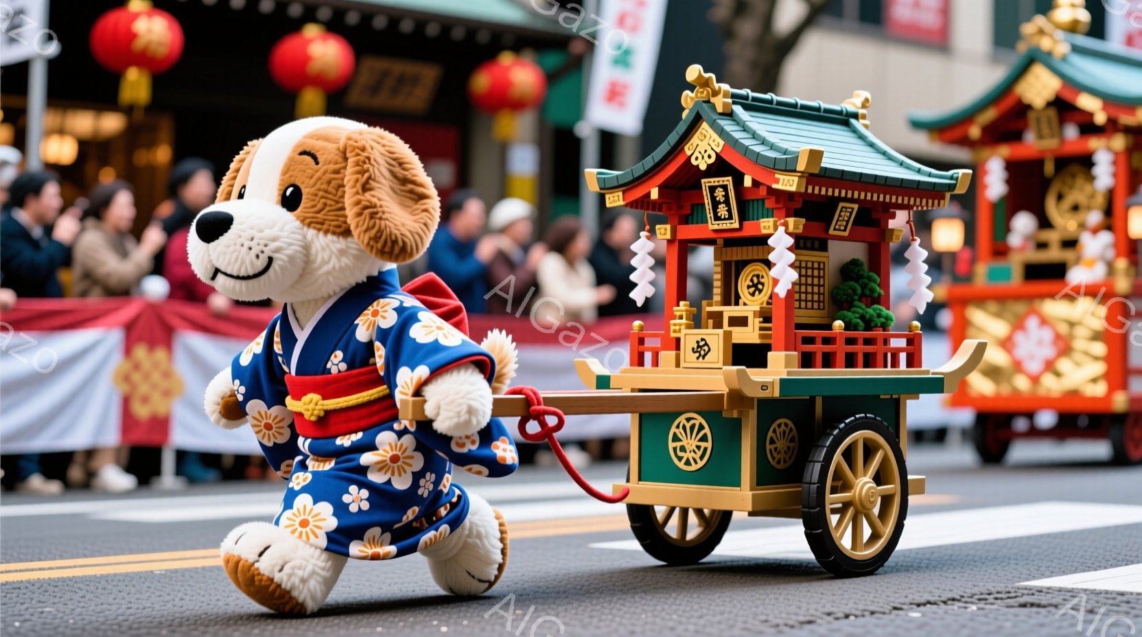 白地に黄色い花柄の着物を着た犬のキャラクターが、ミニチュアの神社を引いています。キャラクターは笑顔で前を見つめ、活気に満ちた歩き方で、祭りのパレードの一環として賑やかな雰囲気を醸し出しています。背景に - AI生成フリー素材