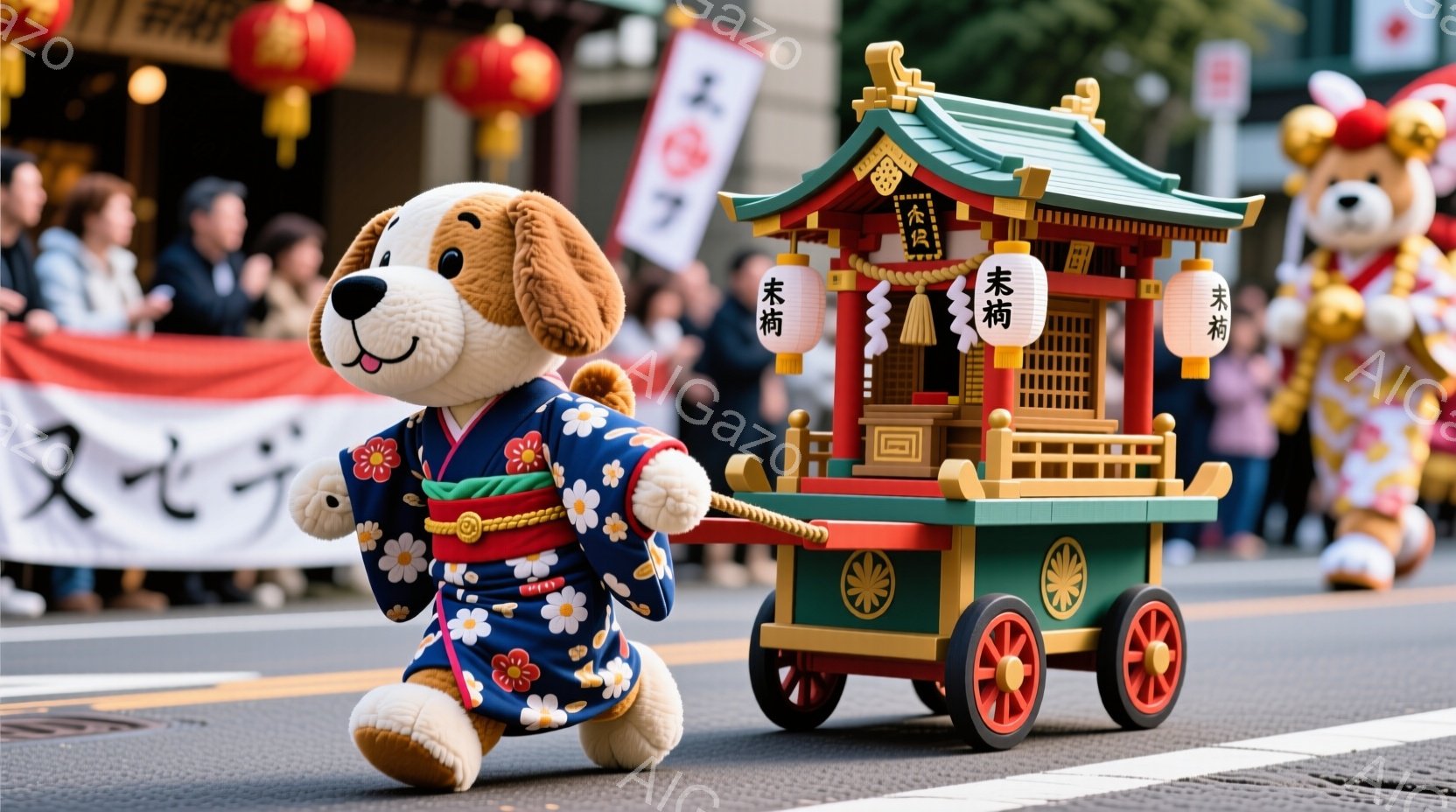 可愛らしい犬のキャラクターが、日本の伝統的な祭りのお神輿を引いている様子が写っています。犬のキャラクターは着物姿で、楽しそうな表情をしています。背景には、お祭りらしく提灯や人々が見え、活気のあるお祭りの雰囲気が伝わってきます。