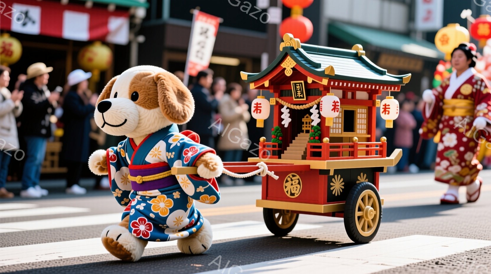 白地に赤い模様が入った着物を着た犬のキャラクターが、華やかな山車を引いています。背景には、着物姿の人々や商店が並び、お祭り騒ぎの賑やかな雰囲気が漂っています。晴天の下、山車の赤色が際立ち、活気のあるお祭りの様子が伝わってきます。