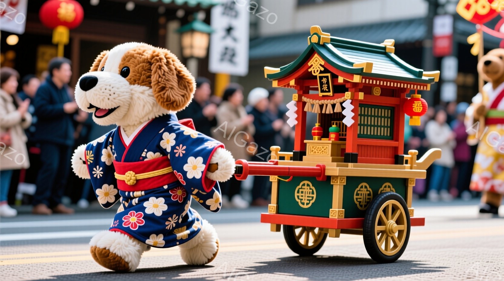 賑やかな祭りのパレードで、柴犬を模した大きなぬいぐるみが、日本の伝統的な屋台を模した車を引いています。 ぬいぐるみは鮮やかな青色の着物と白い花柄の髪飾りをつけ、楽しそうに前を見つめています。 背景には - AI生成フリー素材