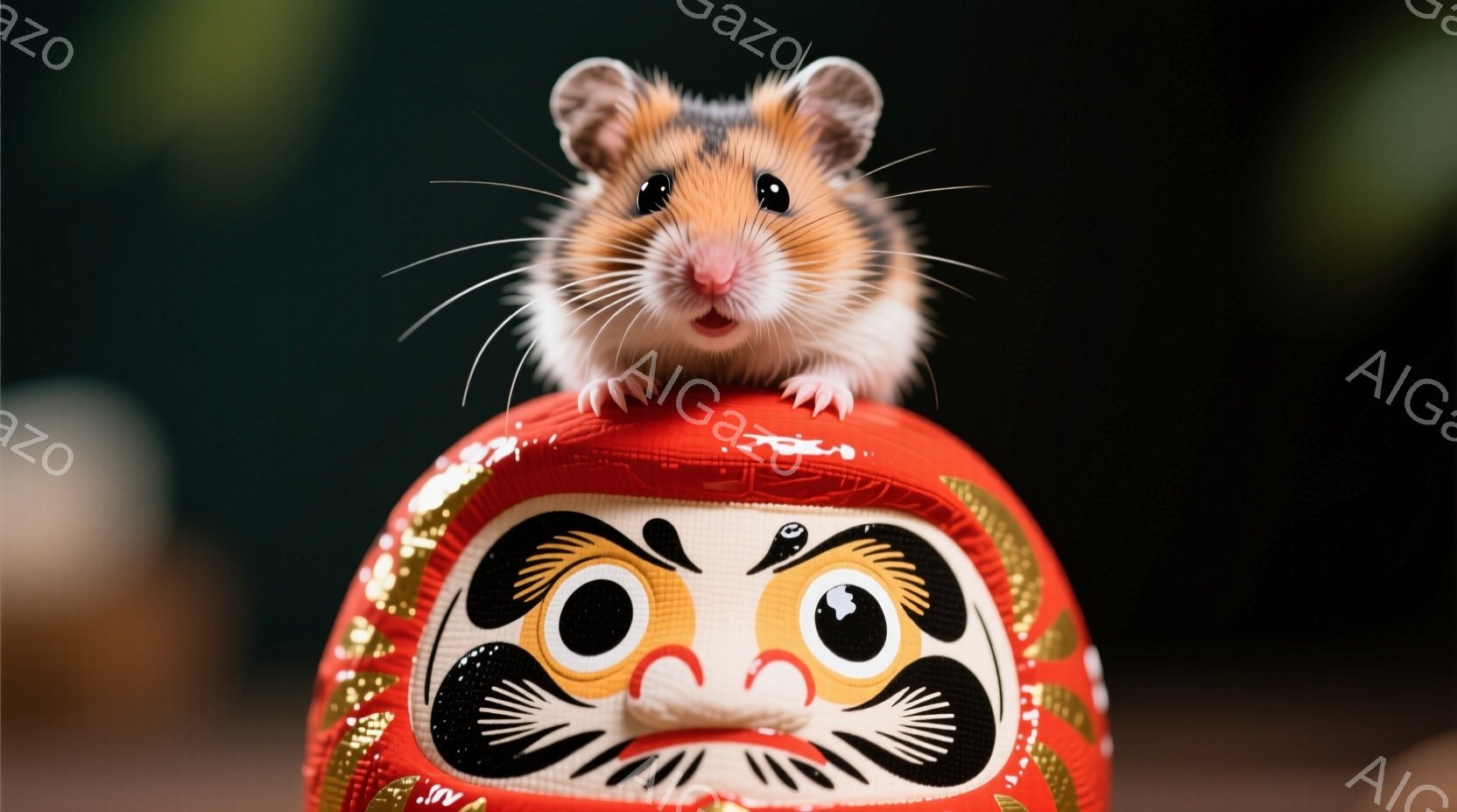 小さなハムスターが、赤色の達磨の人形の上に立っている写真です。ハムスターは前足を少し広げ、好奇心と少しの警戒心を表す表情で正面を見つめています。背景はぼやけており、人形の赤色が際立っており、可愛らしく遊び心のある雰囲気を醸し出しています。