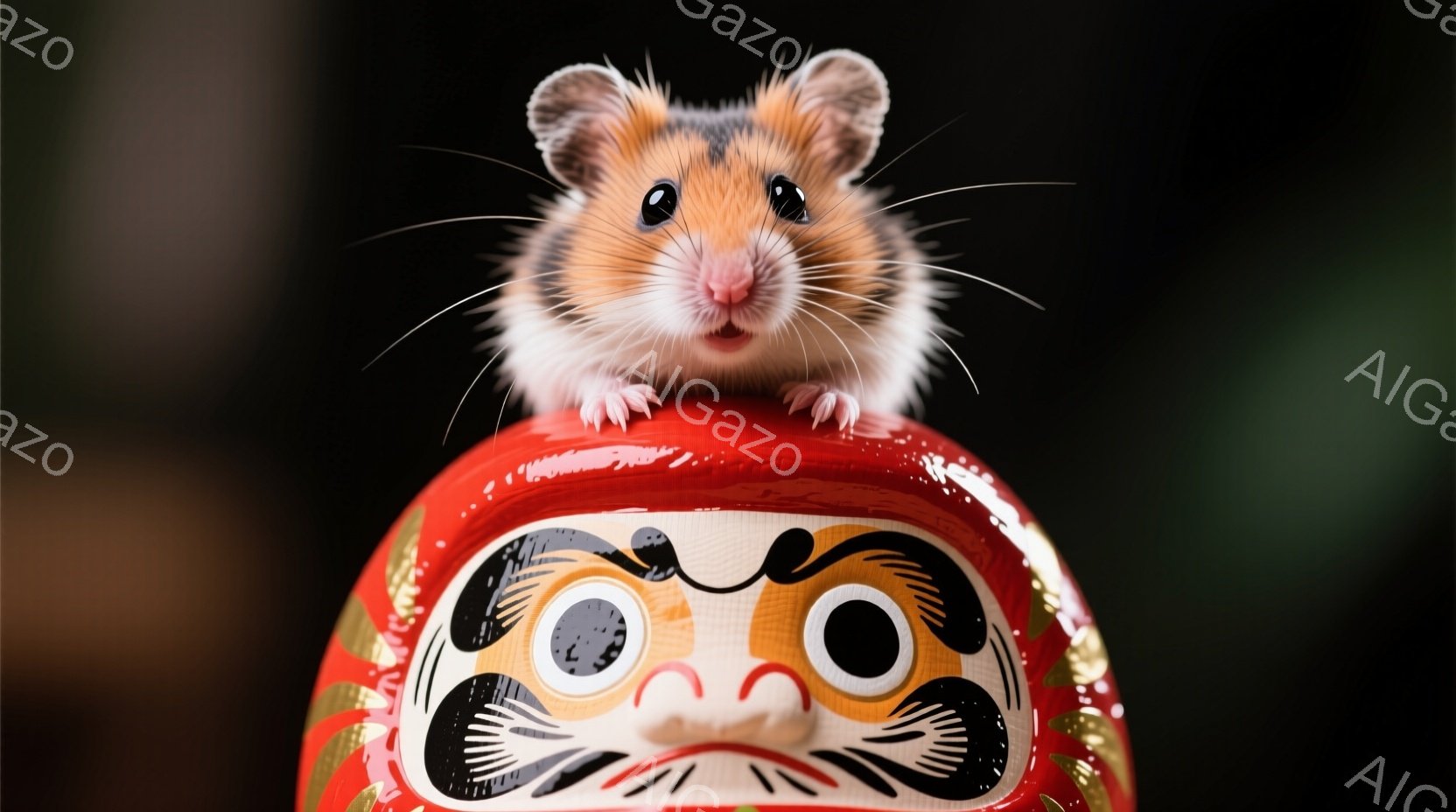 小さなハムスターが、赤くて黒い模様のダルマの人形の上に座っています。ハムスターは前足を前に出し、好奇心と少しの驚きを表現した顔をしています。背景は暗く、ダルマの人形がハムスターを際立たせており、可愛らしい雰囲気を作り出しています。
