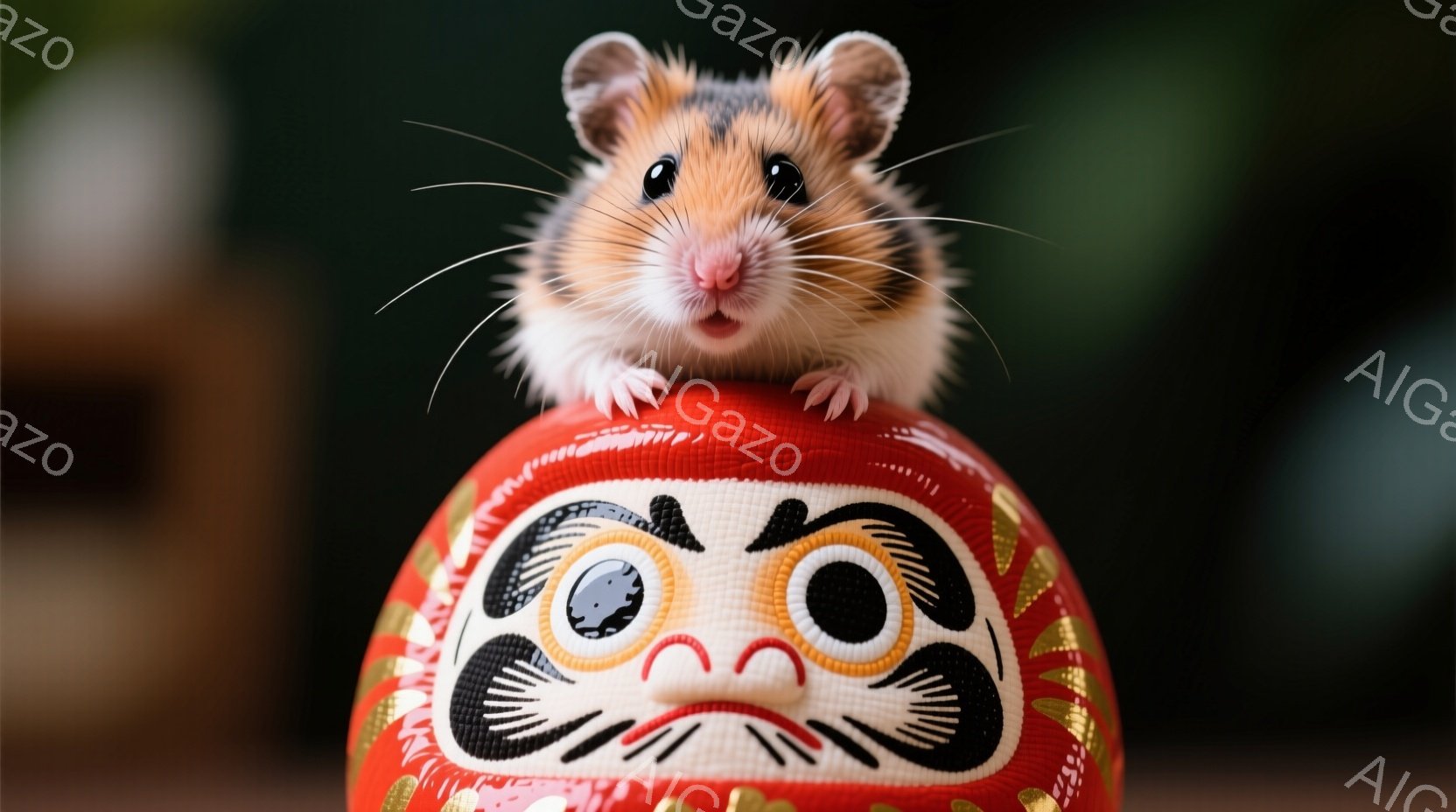 小さなハムスターが、赤地に黒い模様の達磨の人形の上に立っています。ハムスターは好奇心に満ちた表情で、カメラを見つめており、小さな前足で達磨の頭の上に乗ってバランスをとっています。背景はぼやけていますが、他の達磨の人形がわずかに見え、全体的に暖かく、遊び心のある雰囲気です。