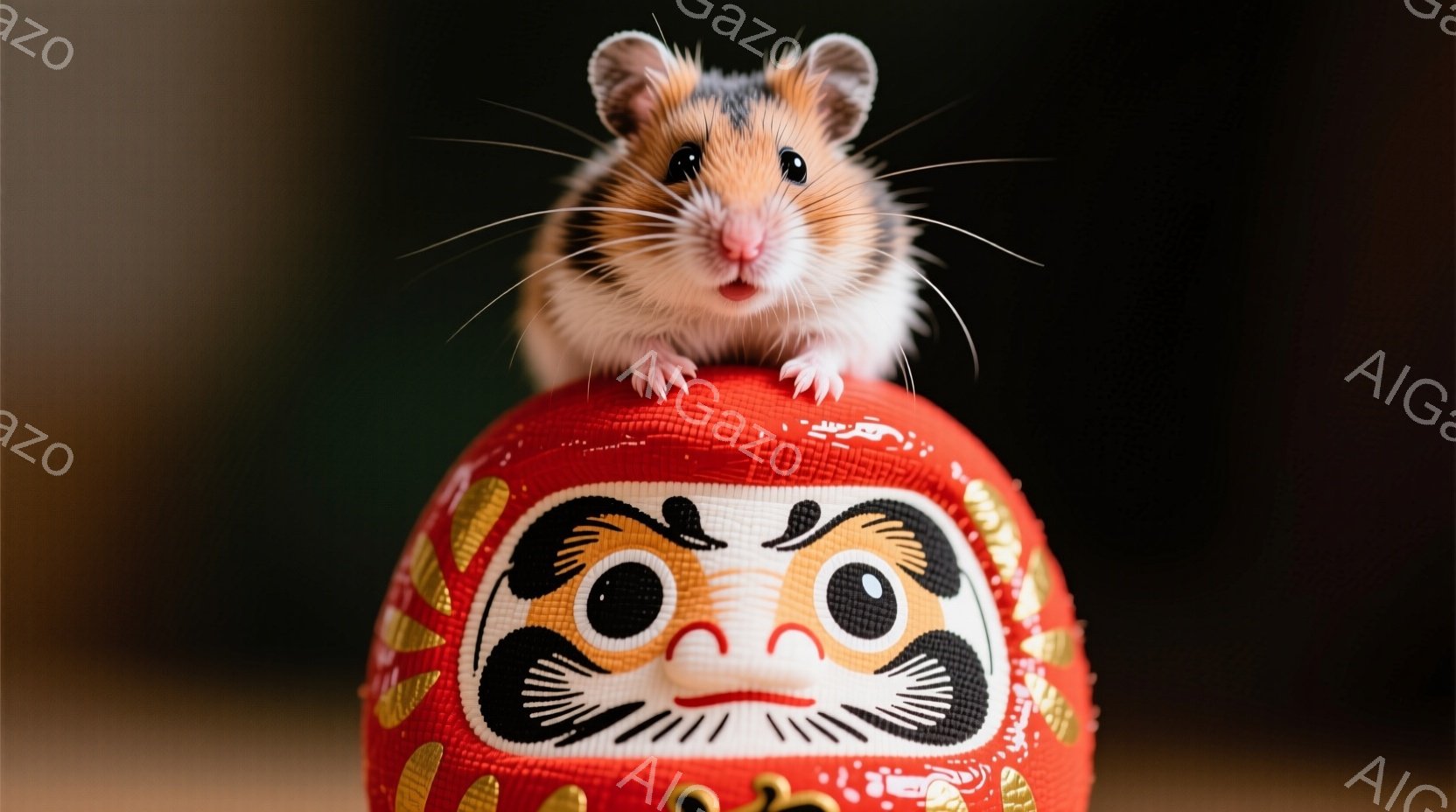 小さなハムスターが、赤色の招き猫の置物の上にちょこんと座っています。ハムスターは白と茶色の毛並みで、つぶらな瞳と小さな鼻が愛らしい表情を見せています。背景は暗く、招き猫の鮮やかな赤色が際立って、可愛らしい雰囲気を醸し出しています。