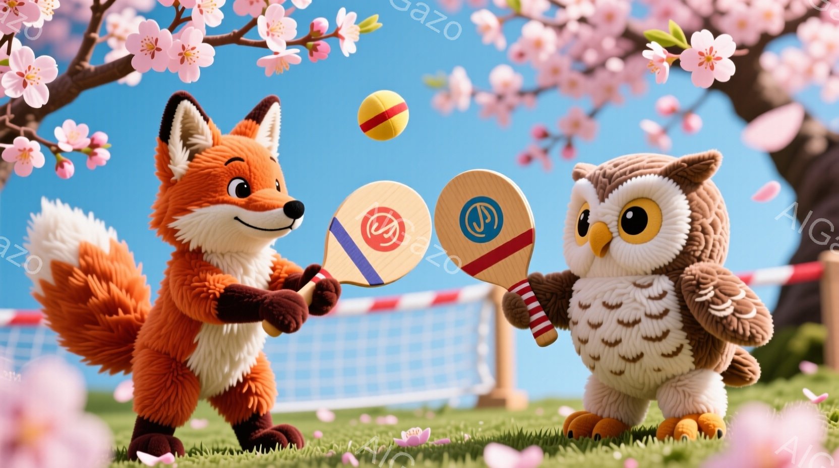 オレンジ色のキツネとフクロウが、テニスネットを挟んで向かい合っています。キツネは赤いストライプのシャツを着て笑顔でラケットを構え、フクロウは茶色いセーターを着て少し緊張した表情でラケットを持っています。背景にはピンク色の桜の花が舞い散り、緑の芝生と青空が広がっており、春らしい穏やかな雰囲気です。