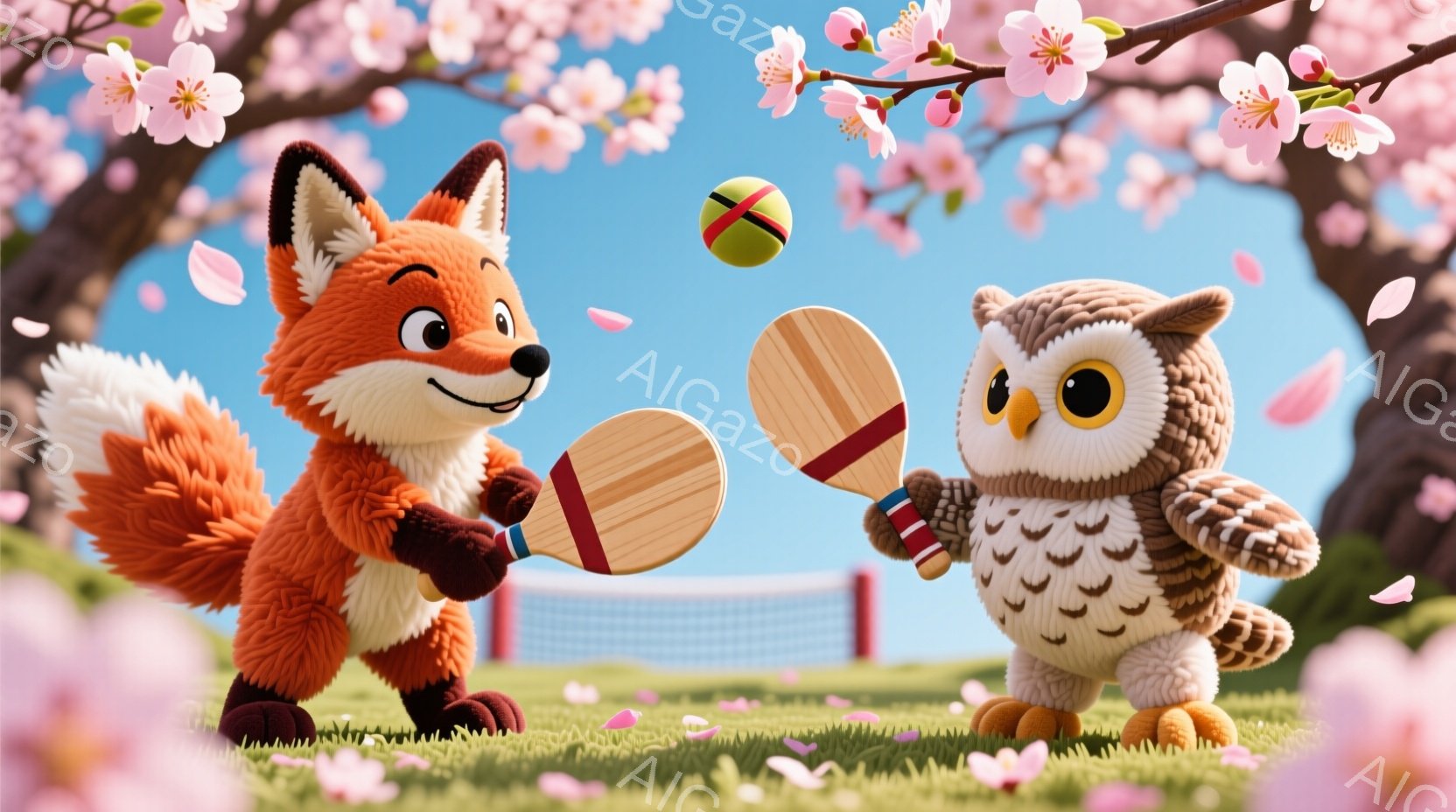 オレンジ色のキツネと白いフクロウが、桜の木の下でバドミントンをしている様子が描かれています。キツネは赤いリストバンドと青いポロシャツを着て、フクロウは縞模様のシャツを着ており、楽しそうな表情でラケットを構えています。背景にはピンク色の桜の花びらが舞い、緑の芝生と赤いネットが広がり、春らしい穏やかな雰囲気が漂っています。