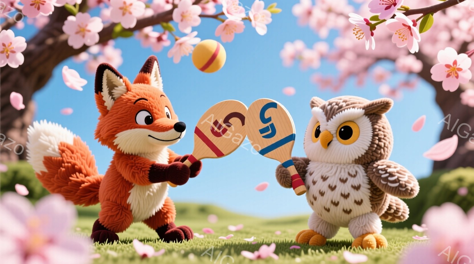 オレンジ色のキツネと灰色のフクロウが、ピンク色のバドミントンラケットを手に、緑の芝生の上で立っています。頭上には、ピンク色の桜の花びらが舞い散り、背景には青空が広がっています。全体的に明るく、遊び心のある雰囲気で、春の訪れを感じさせる楽しい情景です。