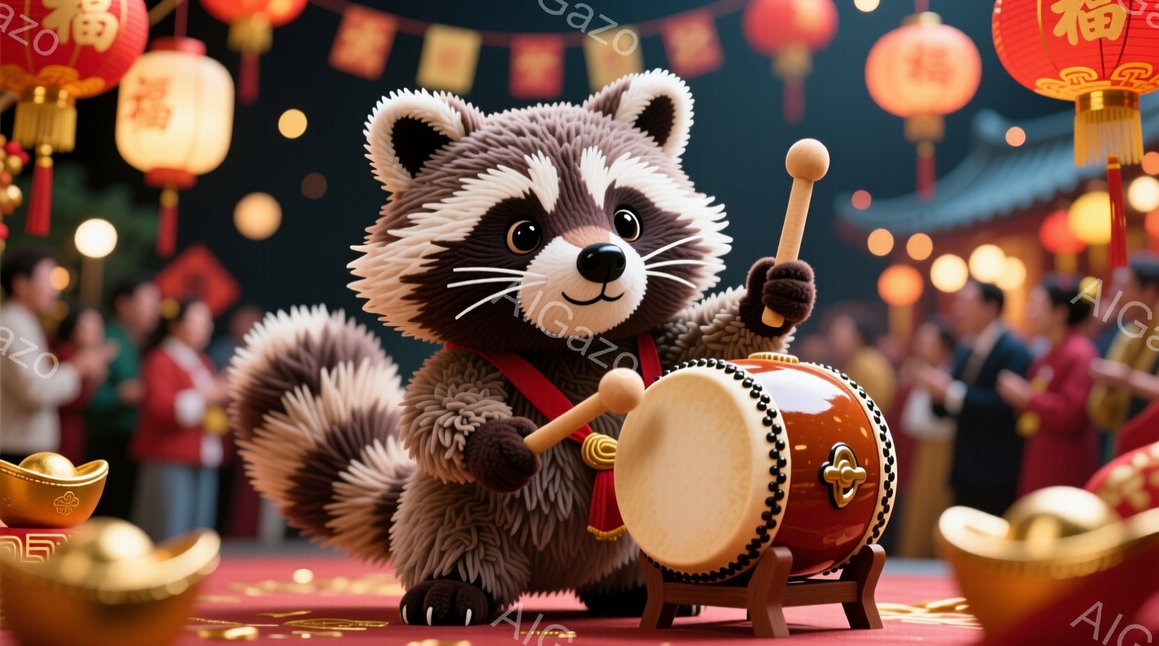 アライグマが太鼓を叩く姿が描かれており、赤い背景に金色の装飾が施された舞台上に立っています。アライグマは楽しそうな表情で、片方の手で太鼓を、もう片方の手でバチを持ち、活気に満ちたお祭りの雰囲気を醸し出しています。背景にはぼんやりと人々が見え、赤い提灯が飾られ、賑やかな祝祭の光景が広がっています。