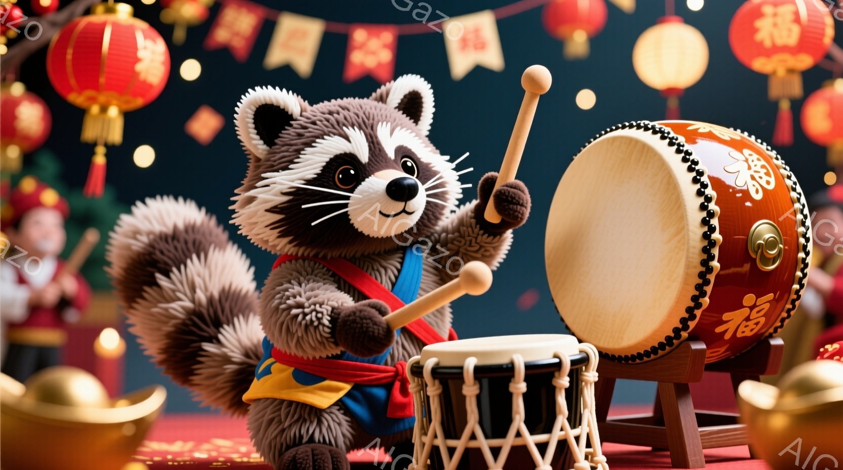 ふわふわの毛並みを持つアライグマが、太鼓を演奏している様子が描かれています。赤い帯を締めた可愛らしい姿で、力強く太鼓を叩こうとしています。背景には赤い提灯や金のオブジェが見え、お祝いの雰囲気が漂っています。