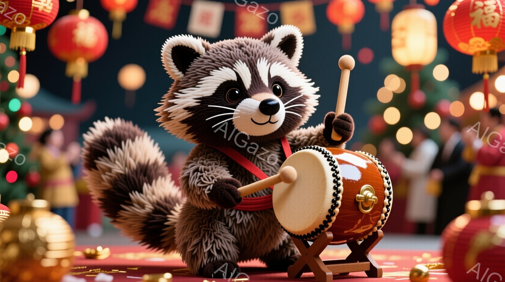 ハダカデバネズミが太鼓を演奏している様子が描かれています。赤い腰布を身につけ、集中した表情で太鼓を叩く姿は愛らしいです。背景にはぼやけた提灯や人々が見え、お祭りのような賑やかな雰囲気が漂っています。